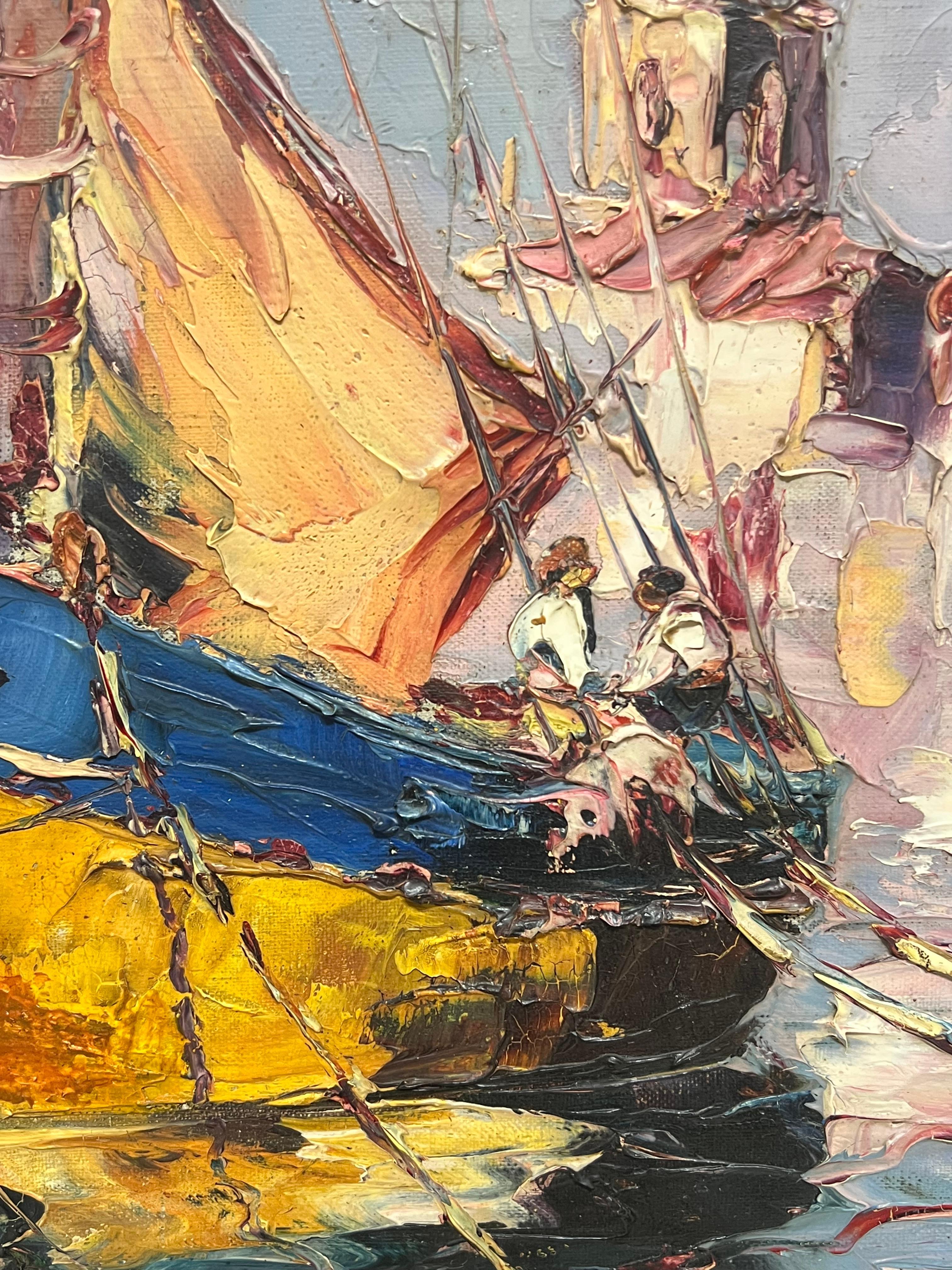 Barcos de pesca en el puerto mediterráneo Firmado Antiguo óleo impresionista francés en venta 4