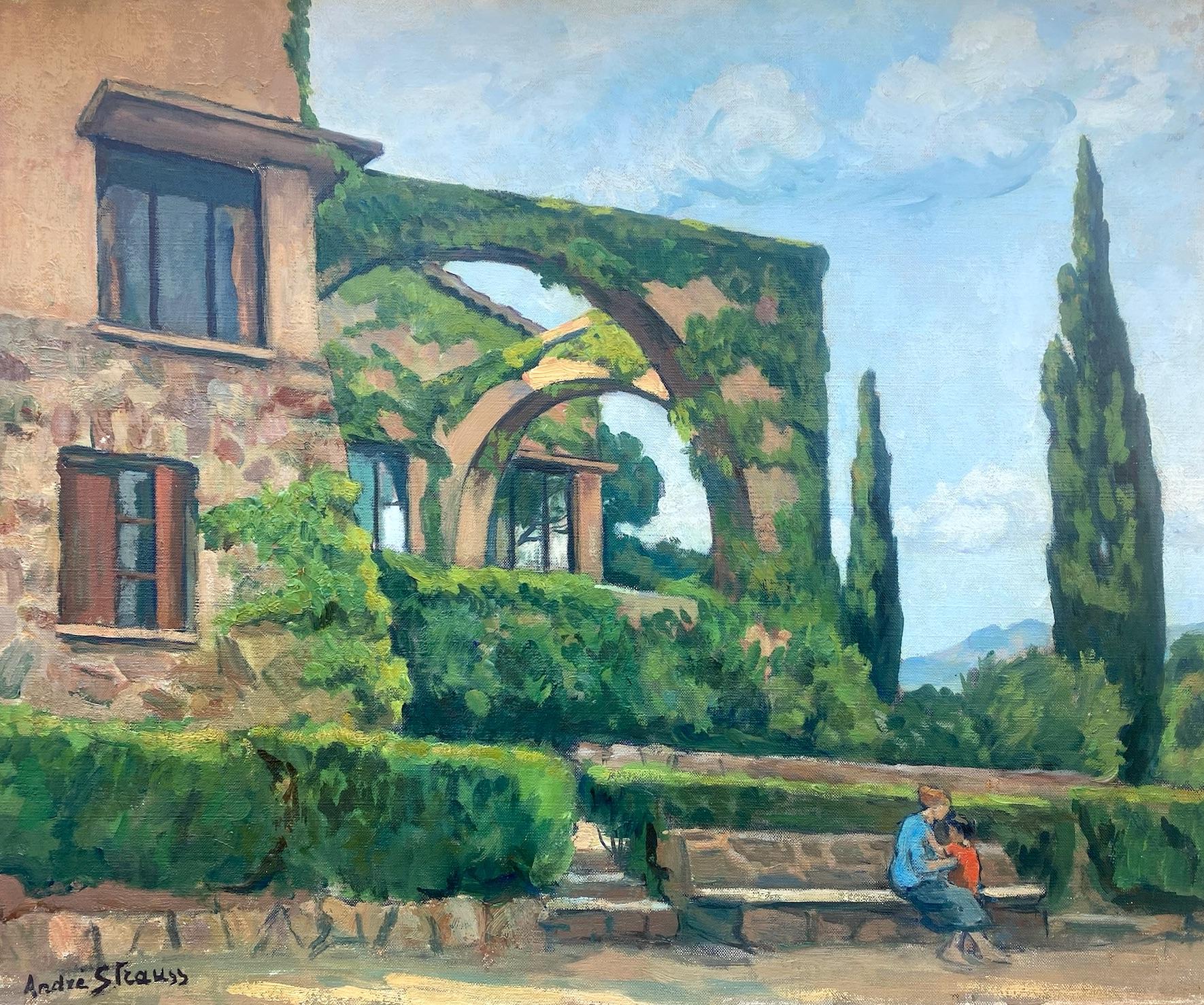 Une villa près de Saint Tropez, sud de la Côte d'Azur, architecture avec personnages - Marron Landscape Painting par André STRAUSS