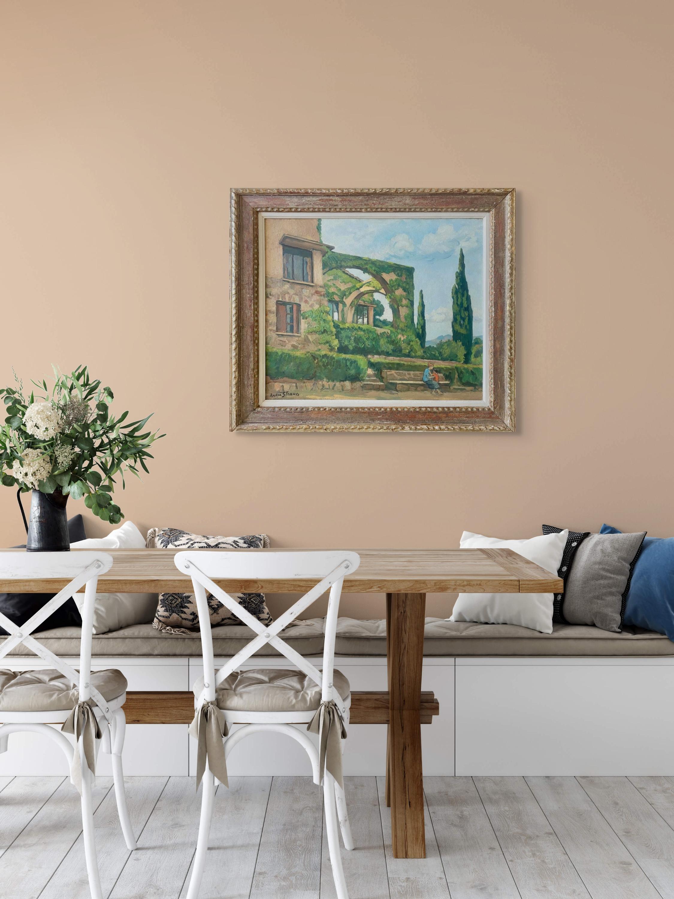 L'artiste André Strauss était connu pour peindre en plein air, sur le motif. Cela donne à ses peintures une fraîcheur et une immédiateté merveilleuses - on a l'impression d'être là, dans le parc de cette belle villa de Saint-Maxime, à quelques