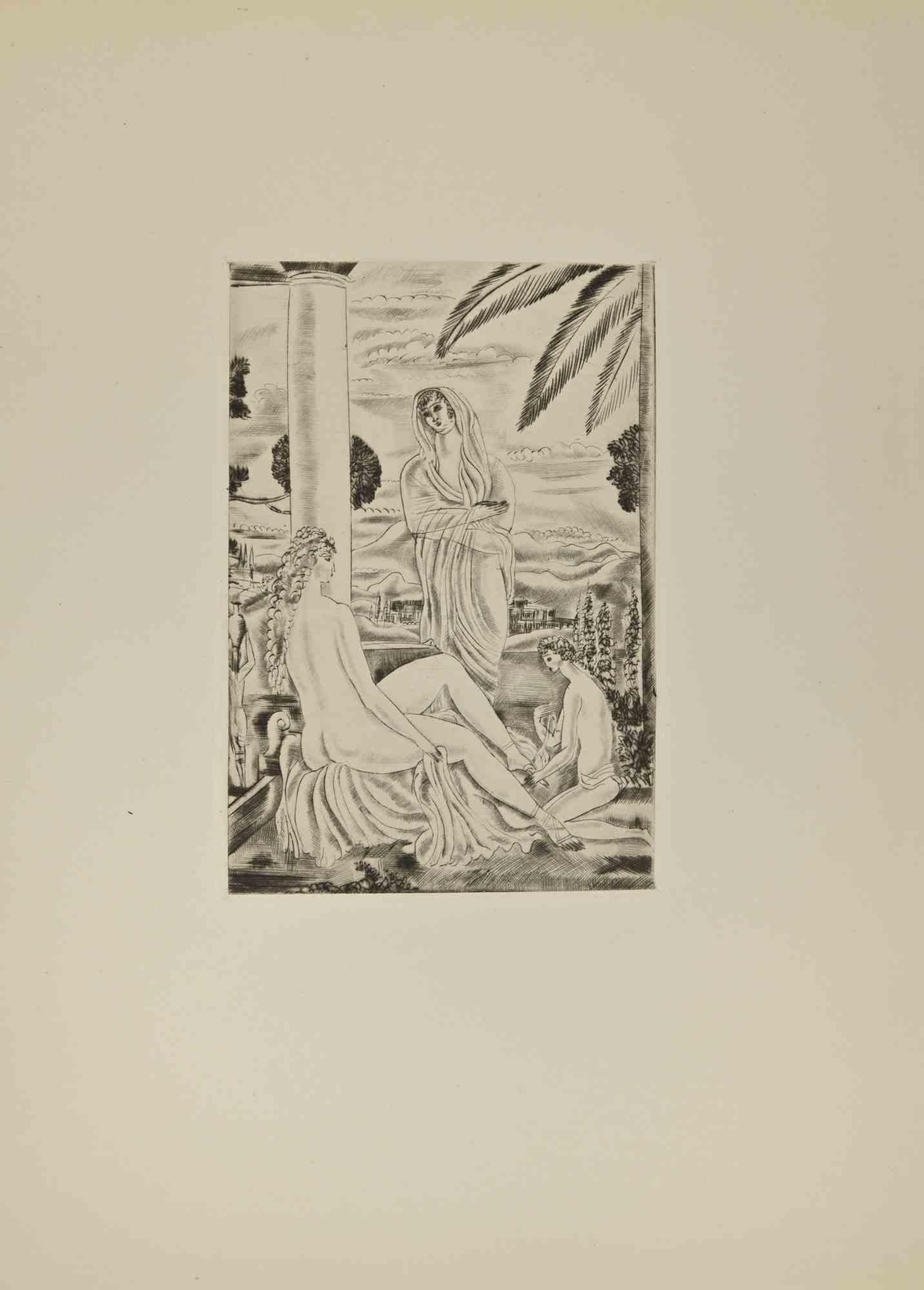 Dame und Dienstmädchen - Radierung von André Suares - 1926