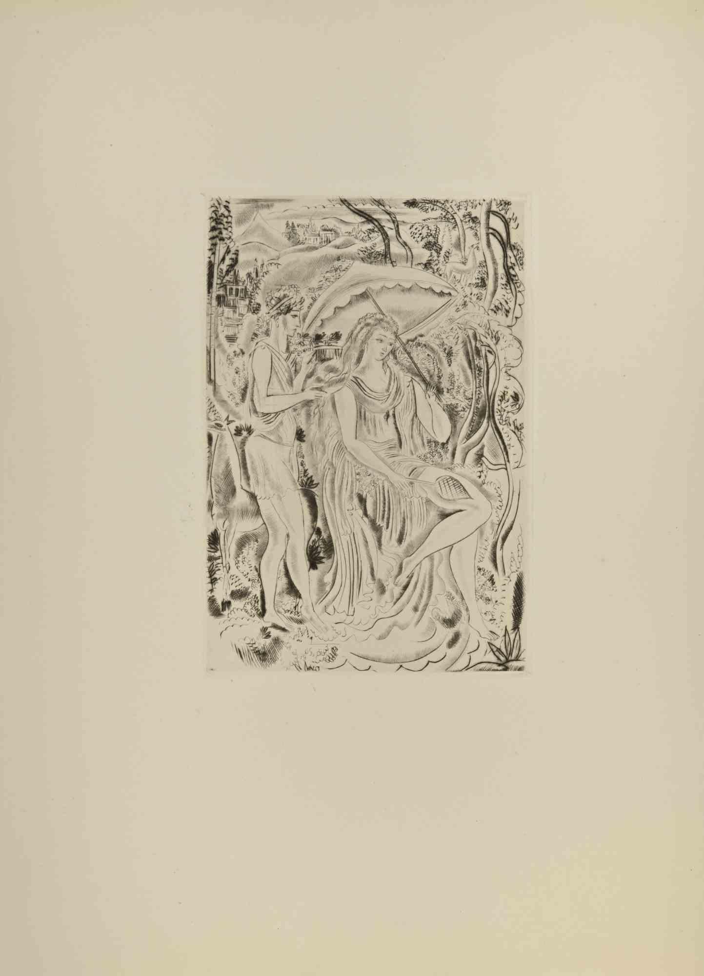 Lady and Handmaiden - Etching by André Suares - 1926