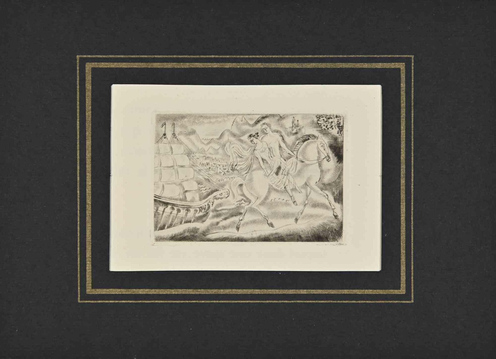 Figurative Print André Suares - Lovers on Horse - eau-forte de A. Suares - 1926