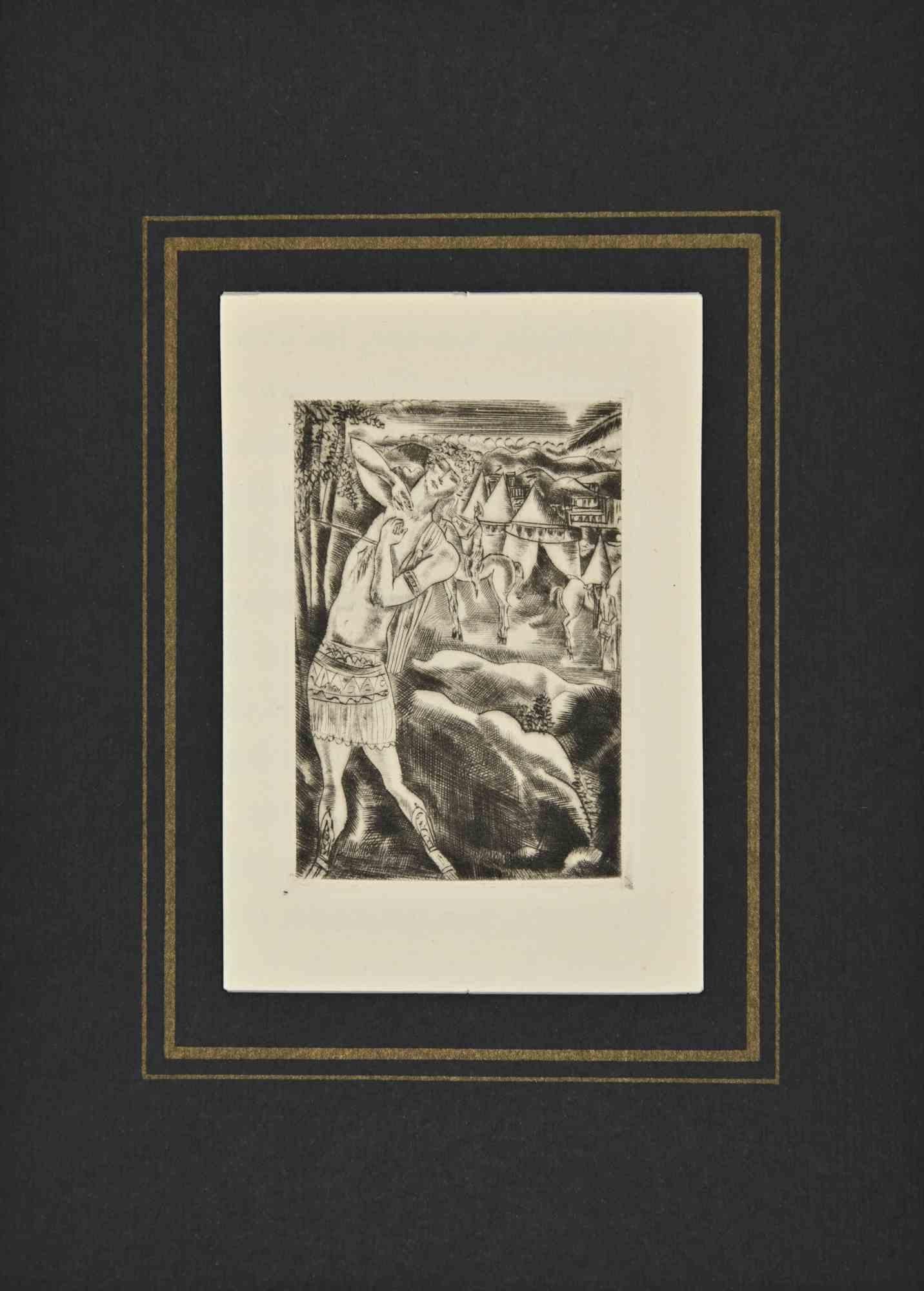 André Suares Figurative Print - The Arrow - Illustration for Cressidra - Etching by A. Suares - 1926
