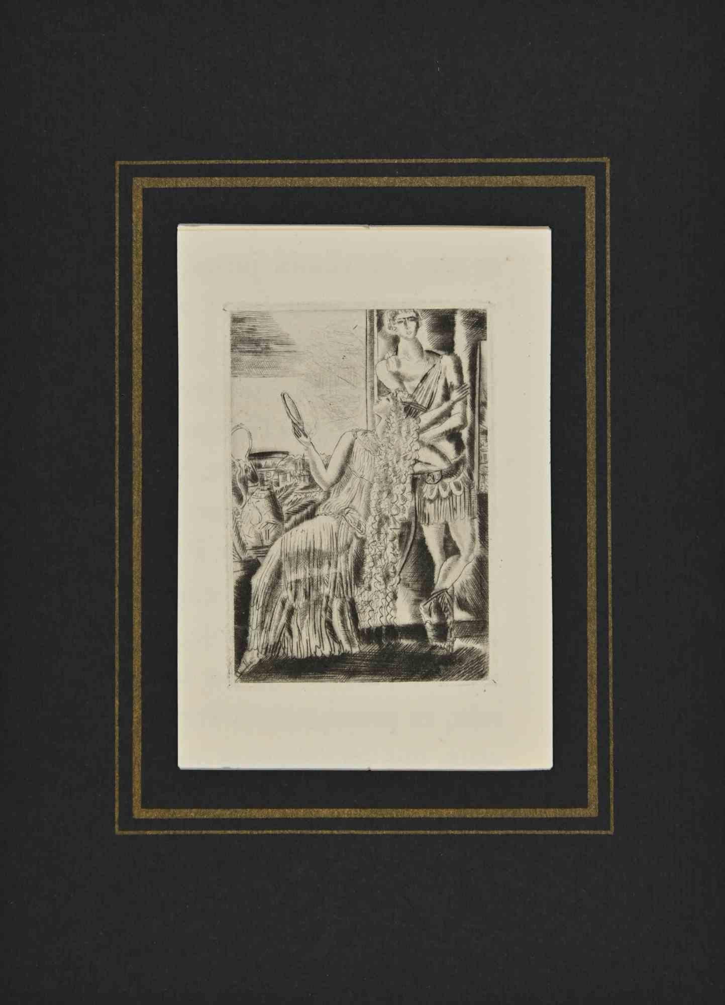 André Suares Figurative Print - The  Lady and Mirror - Etching by A. Suares - 1926