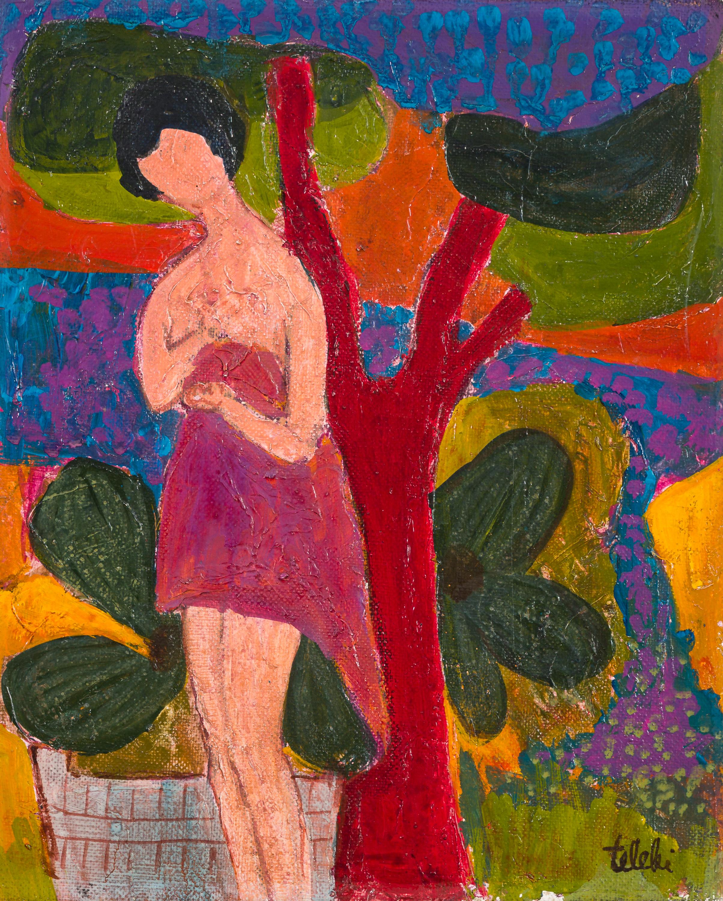 Female Figure next to a Red Tree