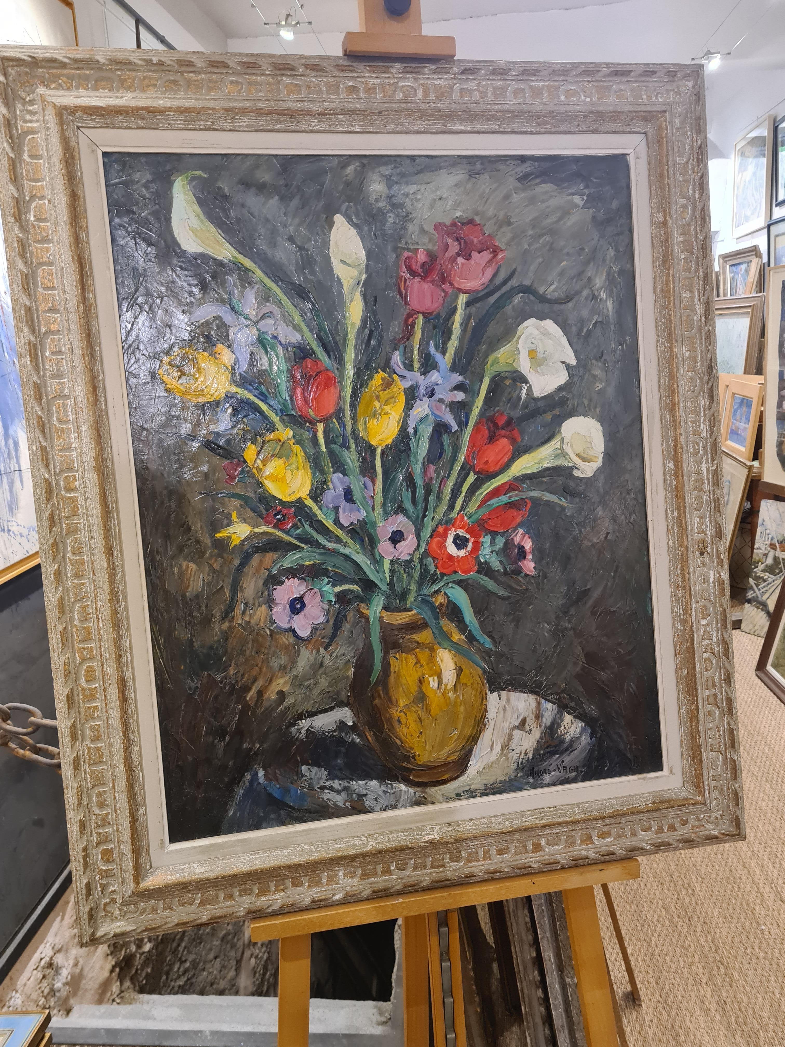 Large Scale French Oil on Canvas Still Life of Flowers, Tulips, Iris and Lillies For Sale 3