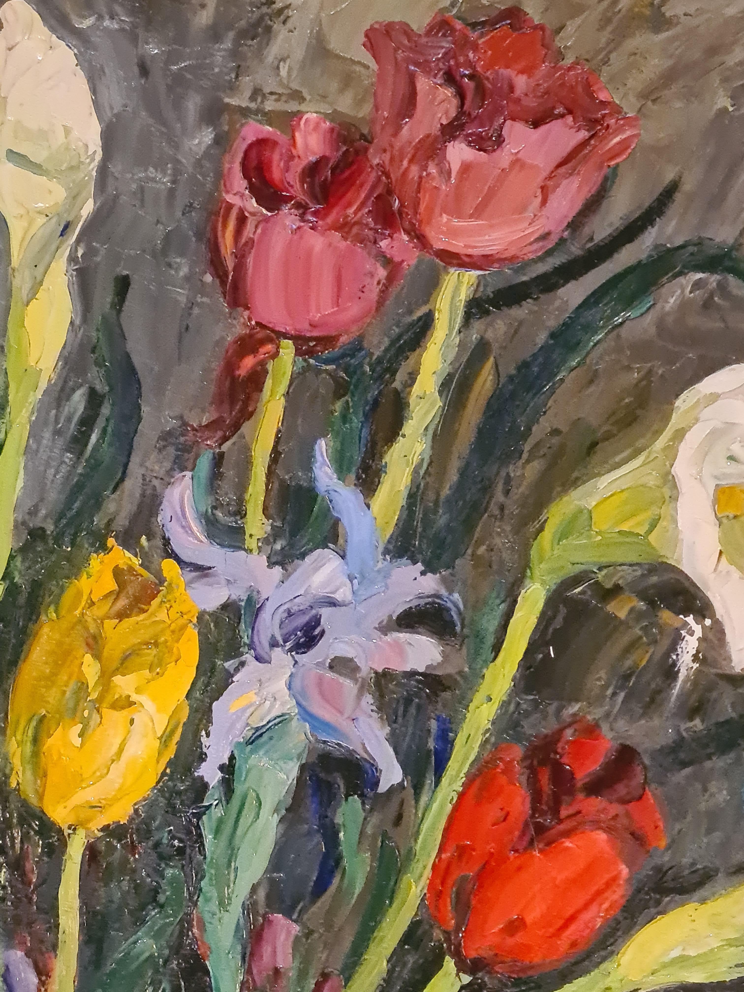 Grande Nature Morte à l'huile sur toile de fleurs, tulipes, iris et lillis en vente 1