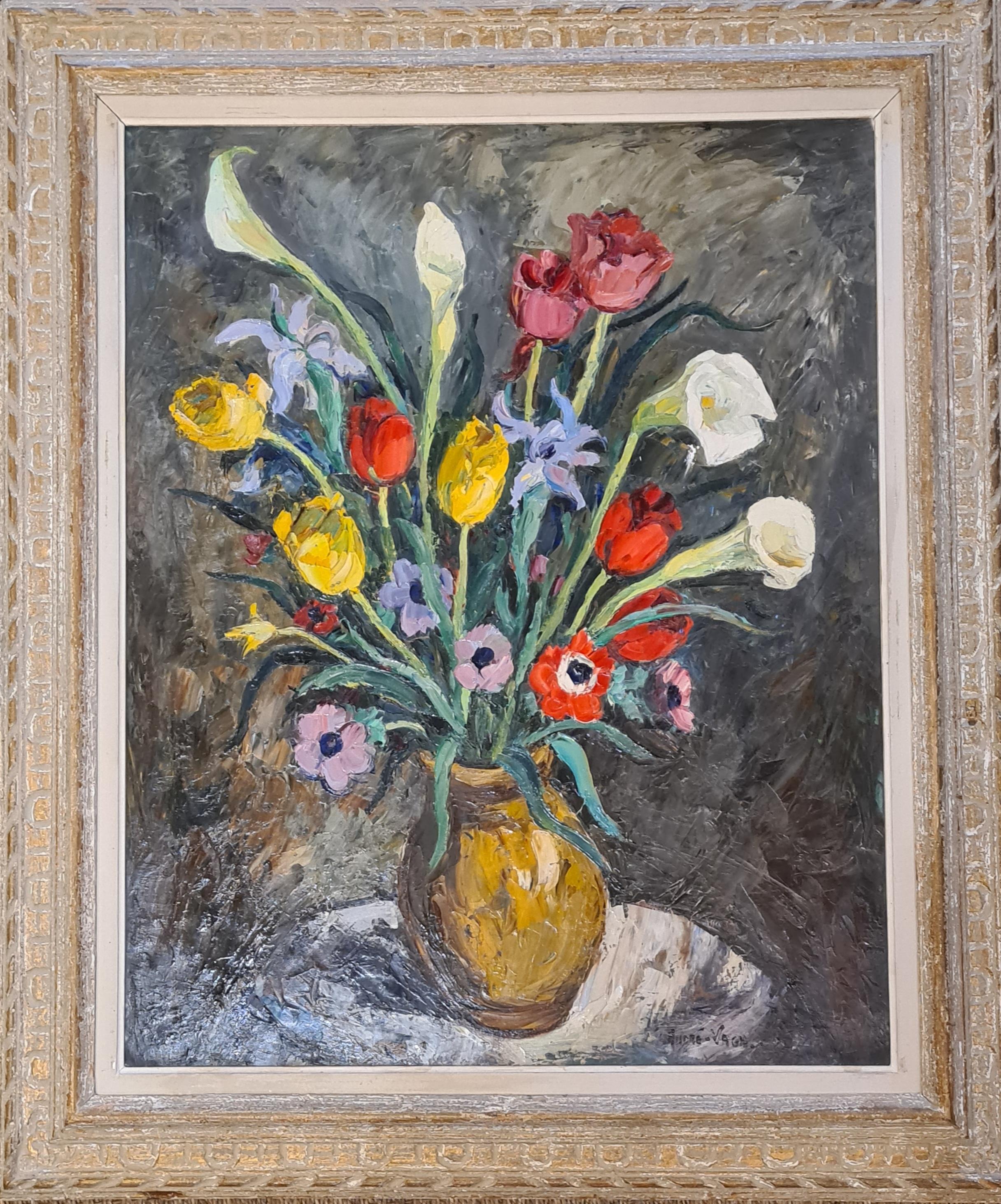 Olio francese su tela di grandi dimensioni Natura morta di fiori, tulipani, iris e lilli