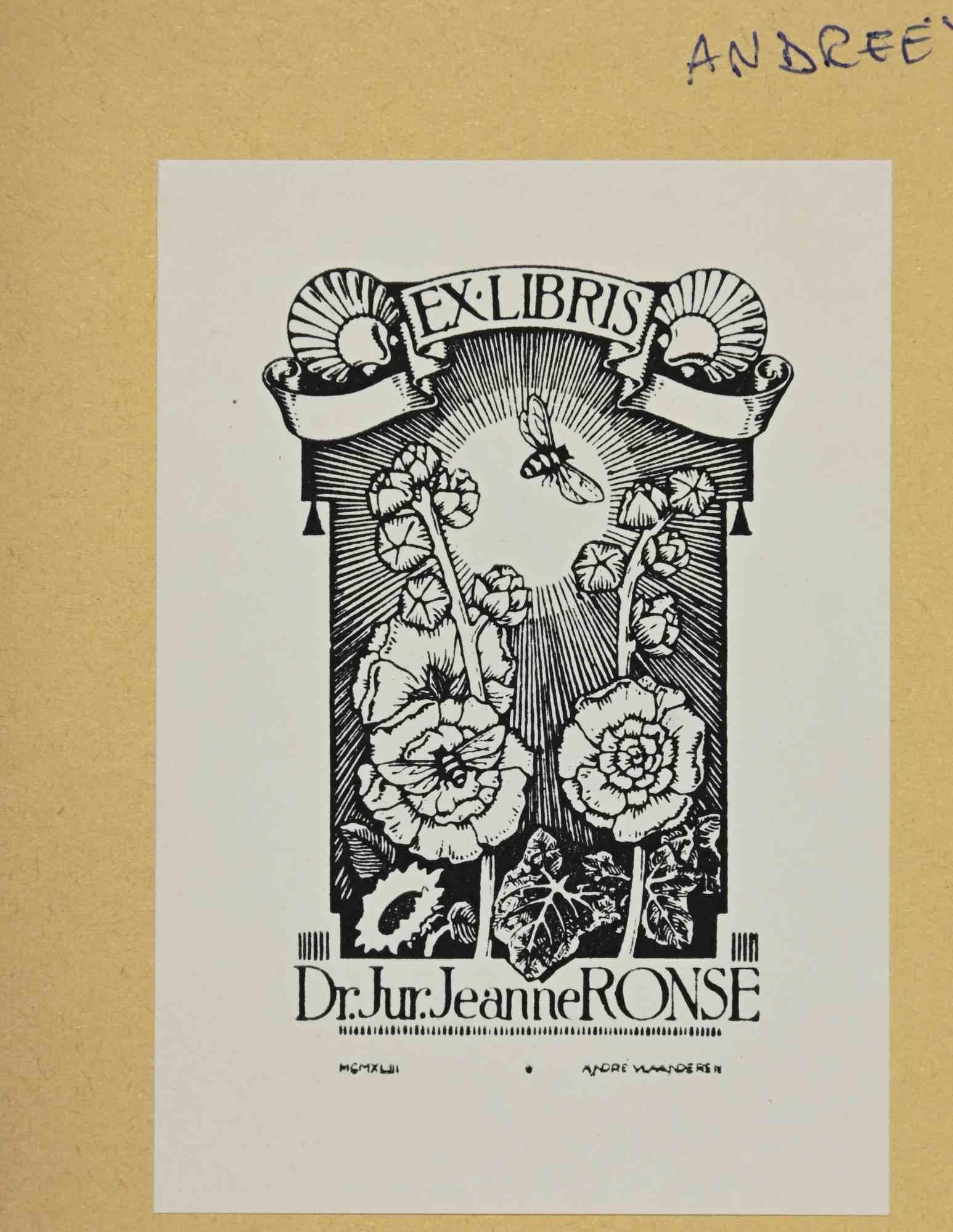 Ex Libris - Dr. Jur. Jeanne Ronse ist ein Kunstwerk, das 1943 von dem Künstler André Vlaanderen (1881-1955) geschaffen wurde.

Holzschnitt B./W. Druck auf Papier. Signiert auf der Platte in der rechten Ecke.

Das Werk ist auf farbigen Karton