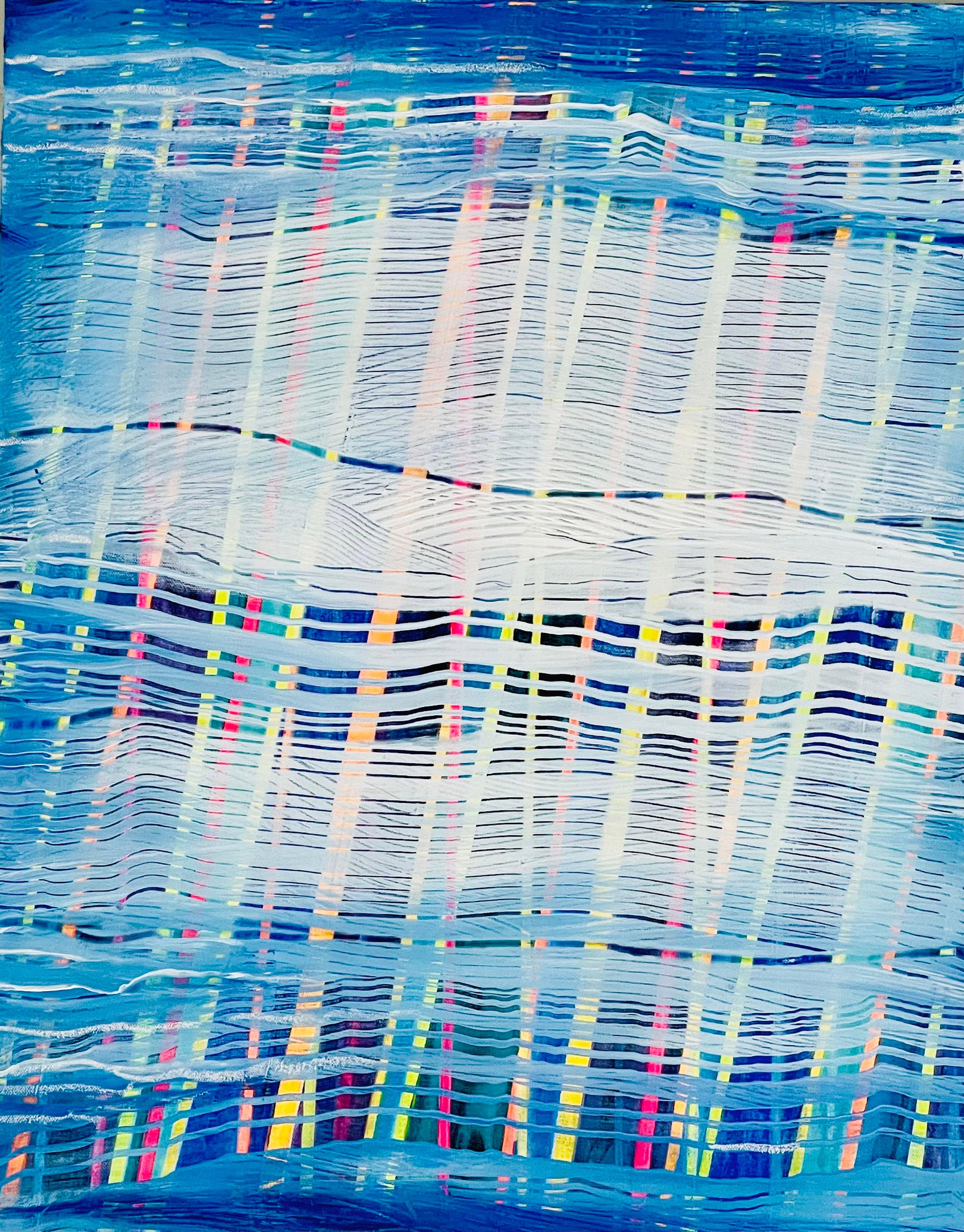 Along Those Lines, Abstract Blue Painting Rhythmic Linear Pattern, 28 x 22 in. - Art by Andra Samelson