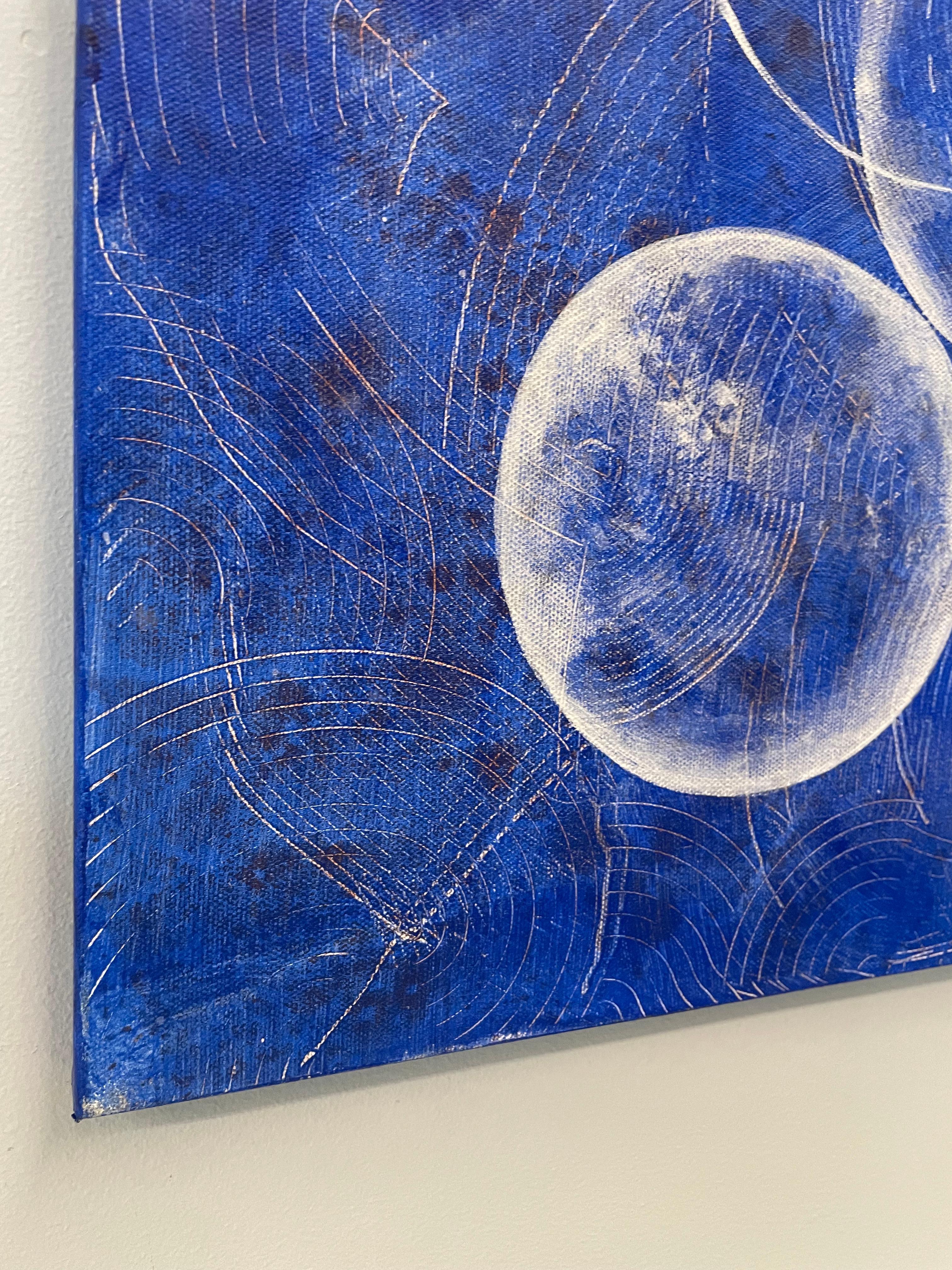 BALANCED I -  Large gestural abstract painting in blue and white  - Painting by Andra Samelson