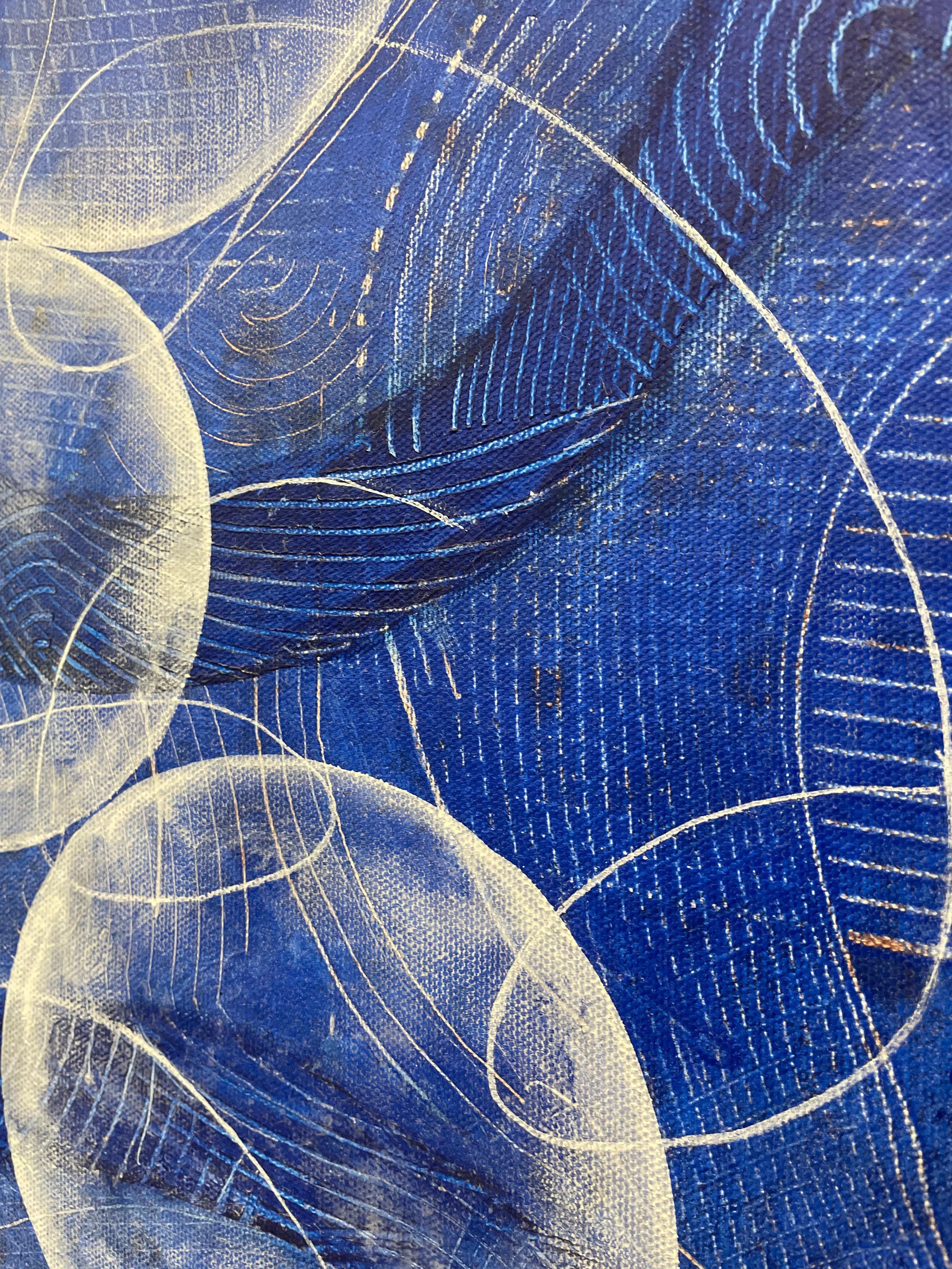 BALANCED I -  Large gestural abstract painting in blue and white  - Blue Abstract Painting by Andra Samelson