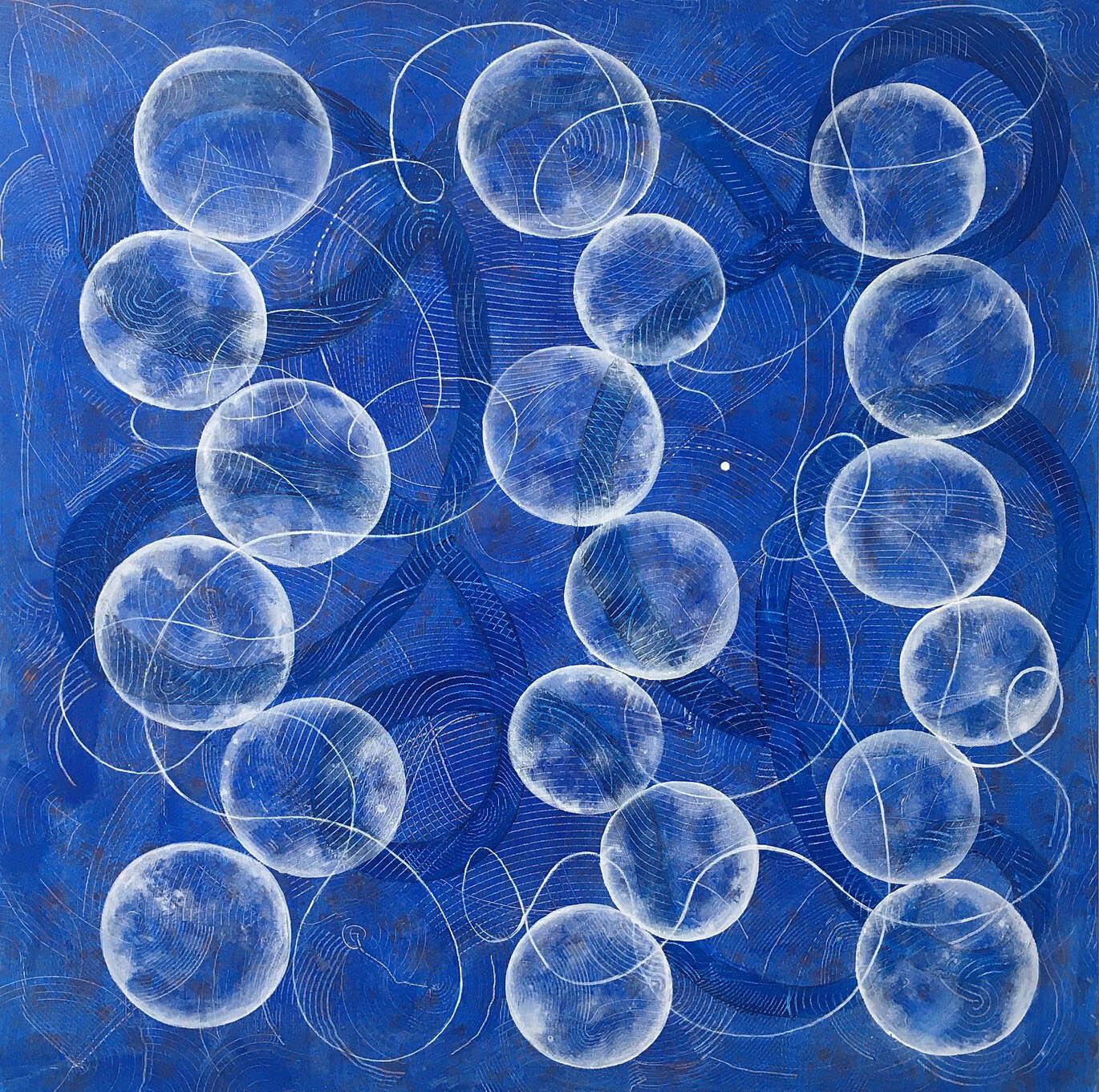 Andra Samelson Abstract Painting - BALANCED I -  Large gestural abstract painting in blue and white 