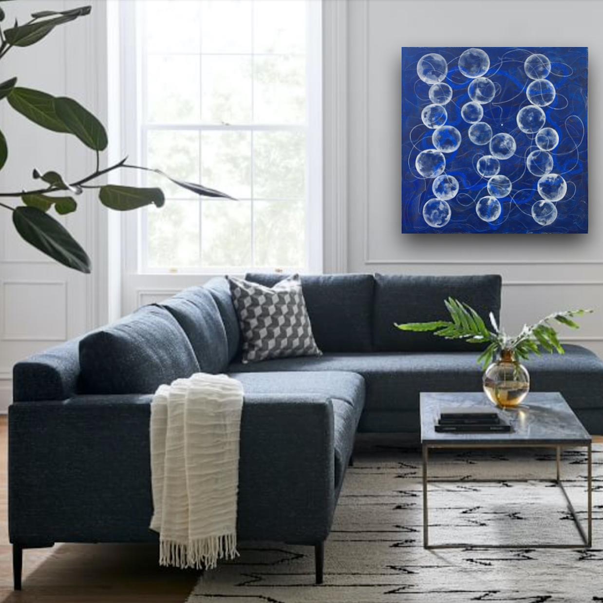 BALANCED II -  Large geometric abstract painting in blue and white  For Sale 4