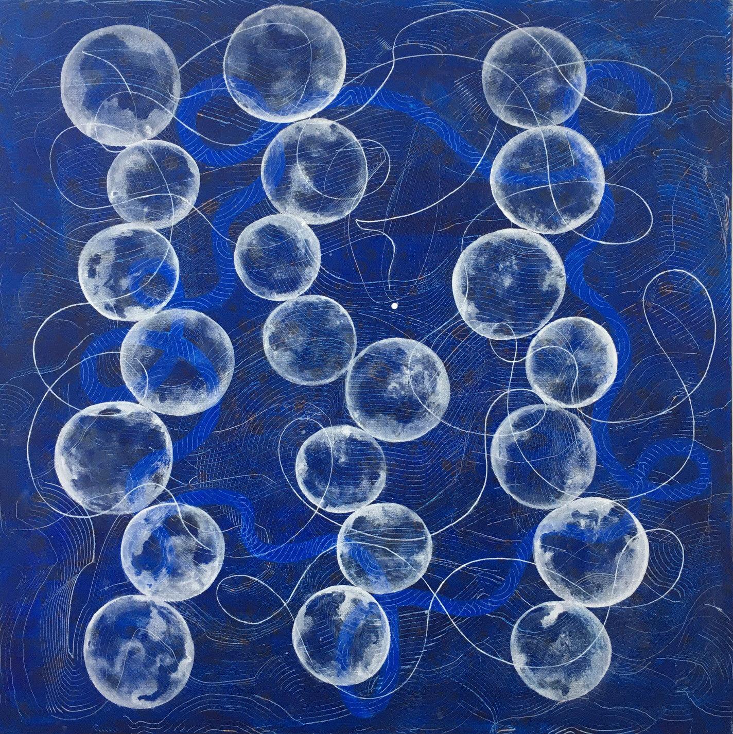Andra Samelson Abstract Painting - BALANCED II -  Large geometric abstract painting in blue and white 