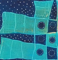 In The Weave, arte astratta geometrica verde acqua e blu cobalto, motivo intrecciato, 20x20 in