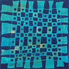In The Weave, arte astratta geometrica verde acqua e blu cobalto, motivo intrecciato, 20x20 in