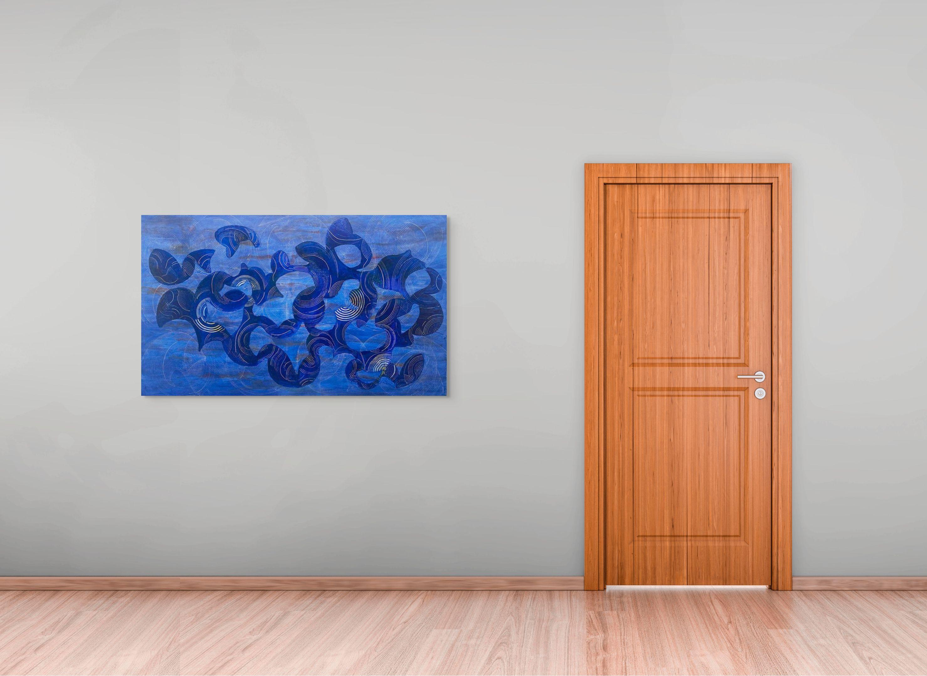 Outside In, Zeitgenössische blaue abstrakte Malerei, 36 x 60 Zoll, ozeanisch und heiter (Blau), Landscape Painting, von Andra Samelson