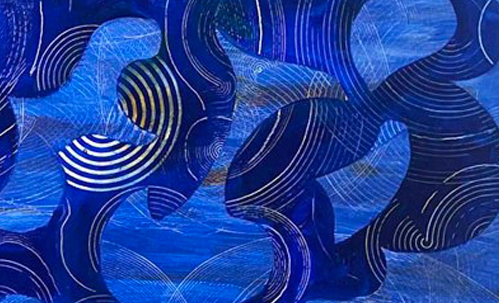 Outside In, Zeitgenössische blaue abstrakte Malerei, 36 x 60 Zoll, ozeanisch und heiter im Angebot 1