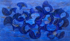 Outside In, Zeitgenössische blaue abstrakte Malerei, 36 x 60 Zoll, ozeanisch und heiter