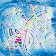 Propulsado, Pintura abstracta azul moderna con motivos circulares, 12 × 12 pulg.