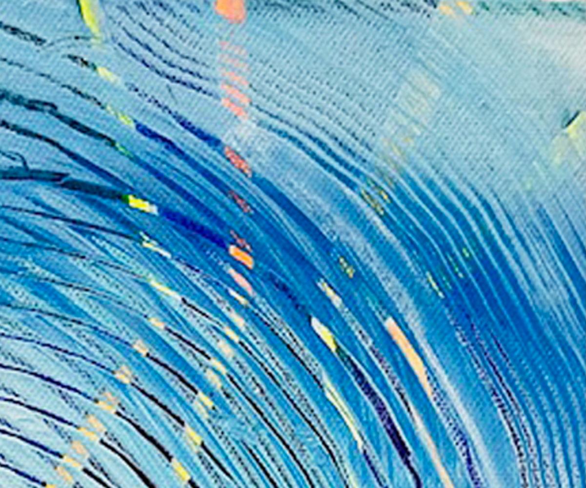 Stwirl (2025) by contemporary artist Andra Samelson is a vibrant 12 x 12-inch acrylic-on-canvas that radiates energy and motion. Concentric arcs ripple outward from a luminous center, intersected by bands of neon yellow, orange, and pink that flash