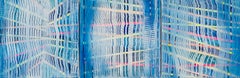 Trio, Contemporary Abstract Painting in Blues with Rhythmic Lines, 10 × 30 in.