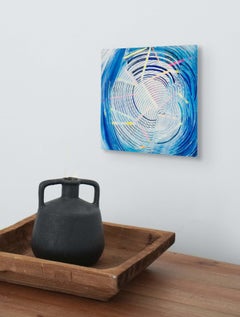 Whirlspool, Energetische blassblaue abstrakte lyrische geometrische Malerei, 12 x 12 in