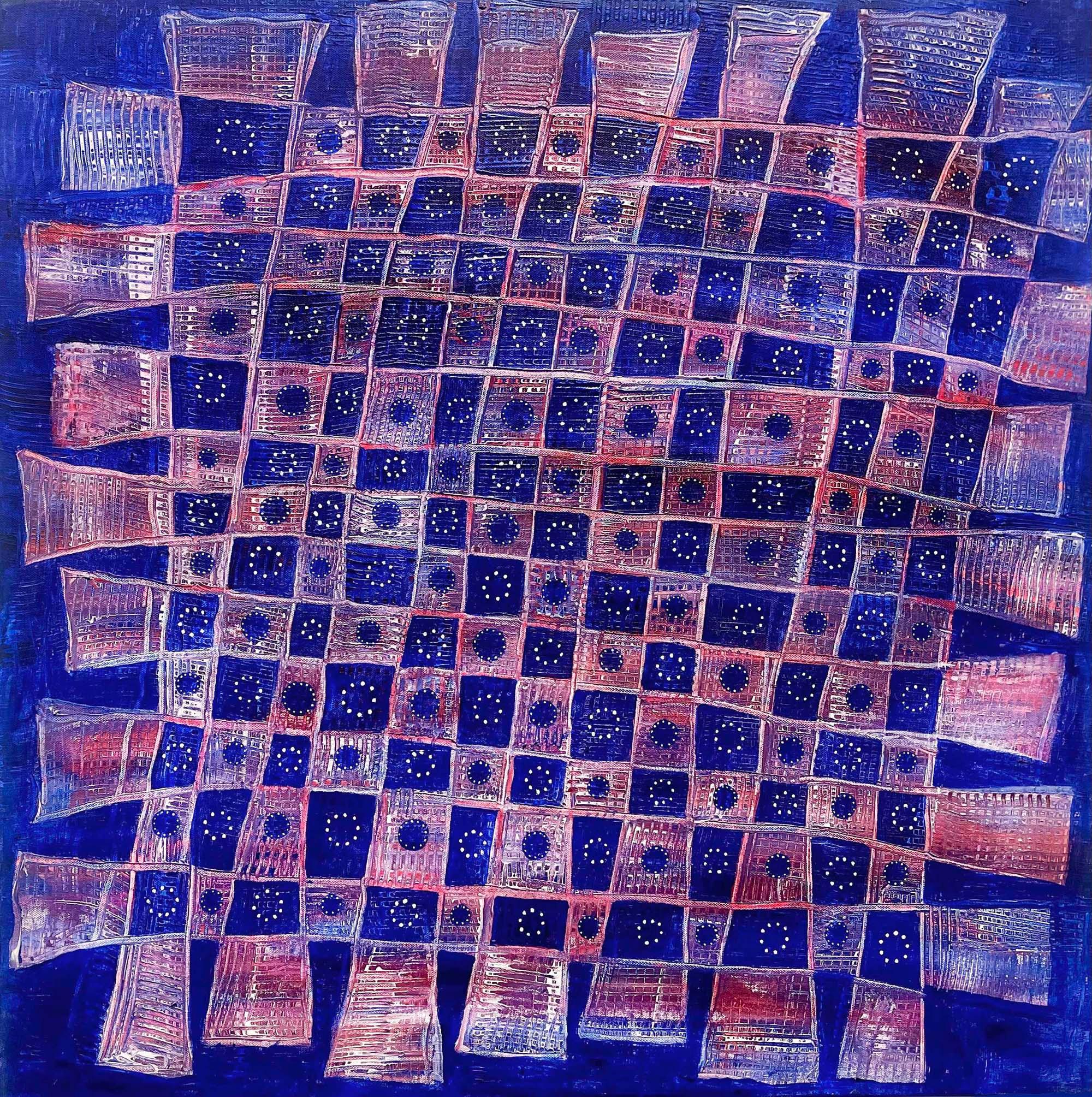 Andra Samelson Still-Life Painting - Woven Dawn, Violet, Rose & Cobalt Blue Geometric Abstract, Woven Pattern, 30x30