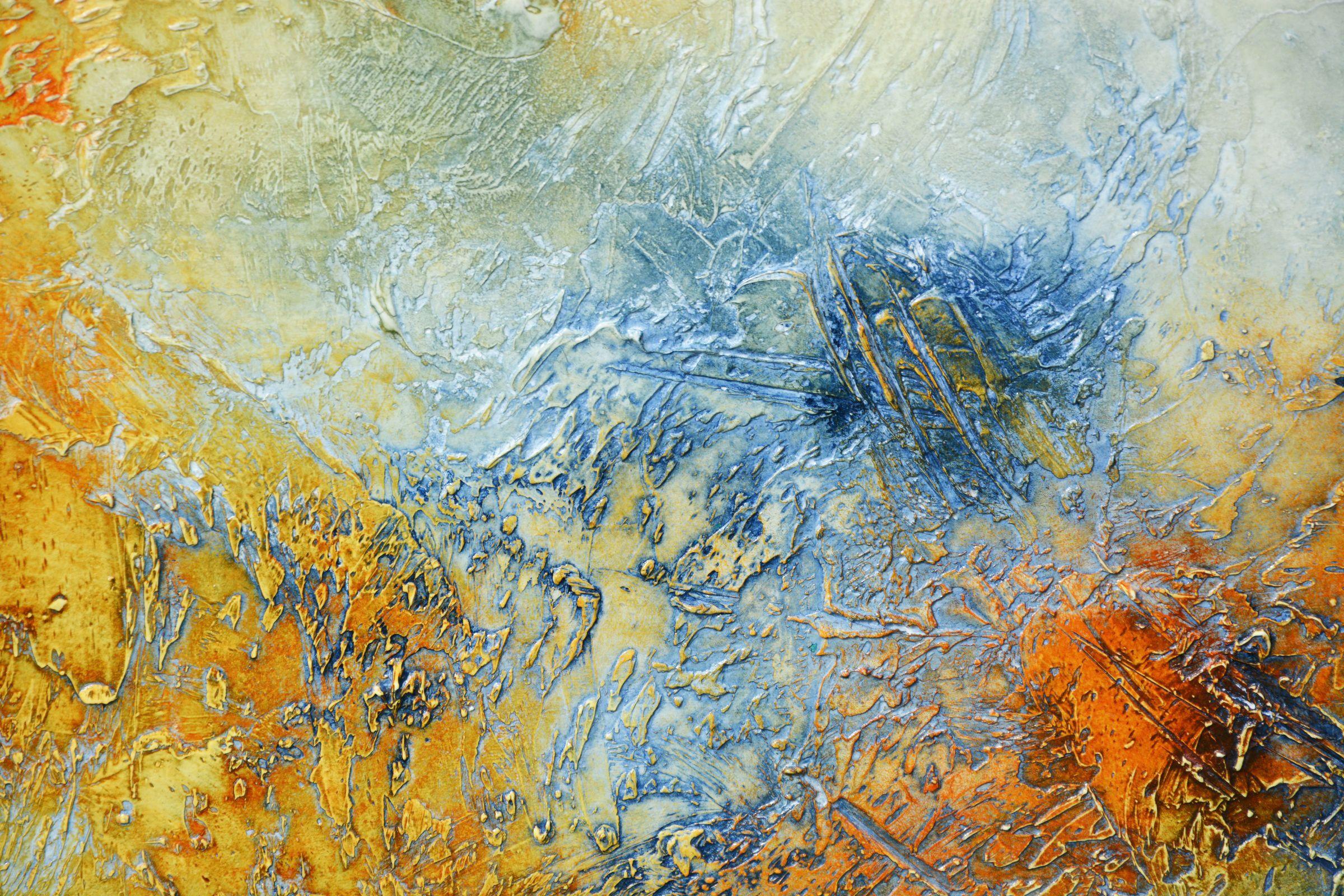 Quadro astratto originale, unico nel suo genere.  Questa splendida opera d'arte è un dipinto astratto unico nel suo genere, realizzato in nichel azoico nei toni dell'oro, dell'arancio, del grigio di Payne e del crema. Questo dipinto mi ricorda