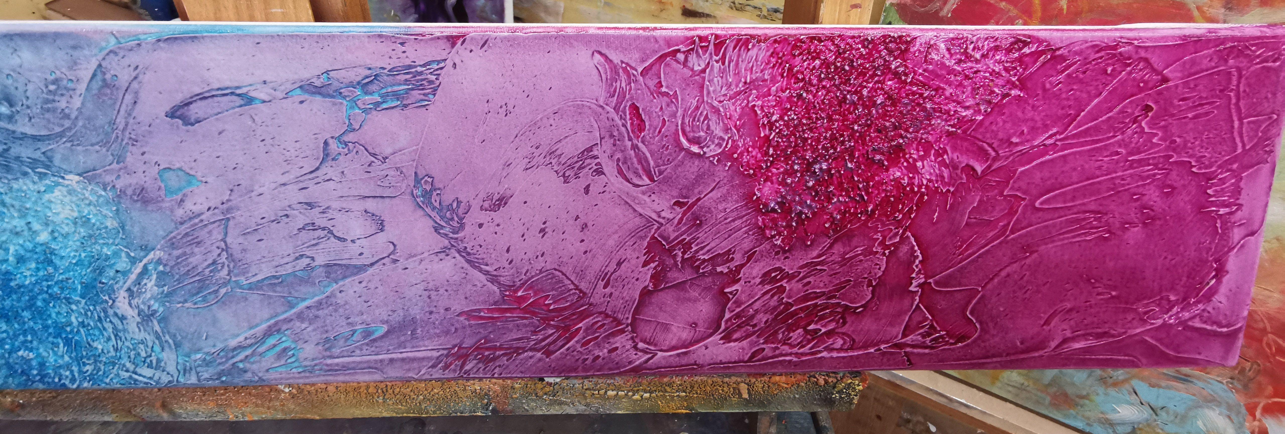 Pilares de colores - Quinteto sobre magenta, Técnica mixta sobre lienzo en venta 2