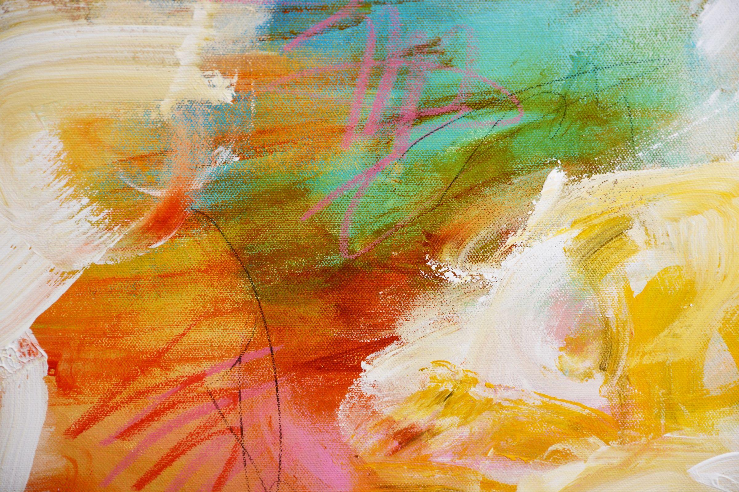 Questo bellissimo dipinto astratto, sui toni del blu, del rosa, dell'arancione e del giallo indiano, porterà uno stato d'animo felice a chiunque lo guardi. Le pennellate automatiche sono seguite dalla creazione di segni con pastelli e grafite e da