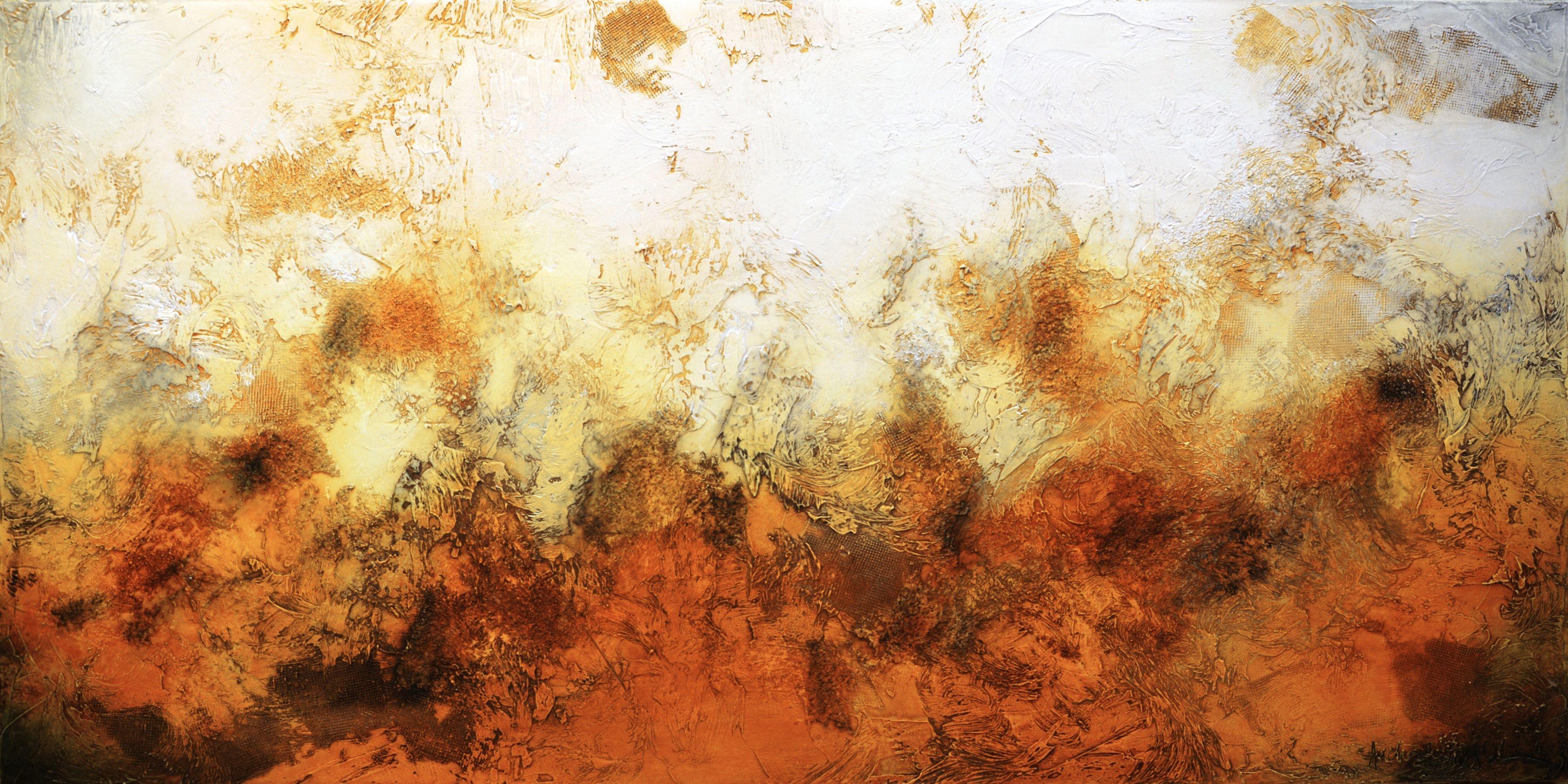 This textured and bold abstract painting, has intricate brushstrokes and layers of paint resulting in a one-of-a-kind abstract landscape. The warm tones of rust orange evoke a sense of warmth and coziness, making it a perfect addition to any modern