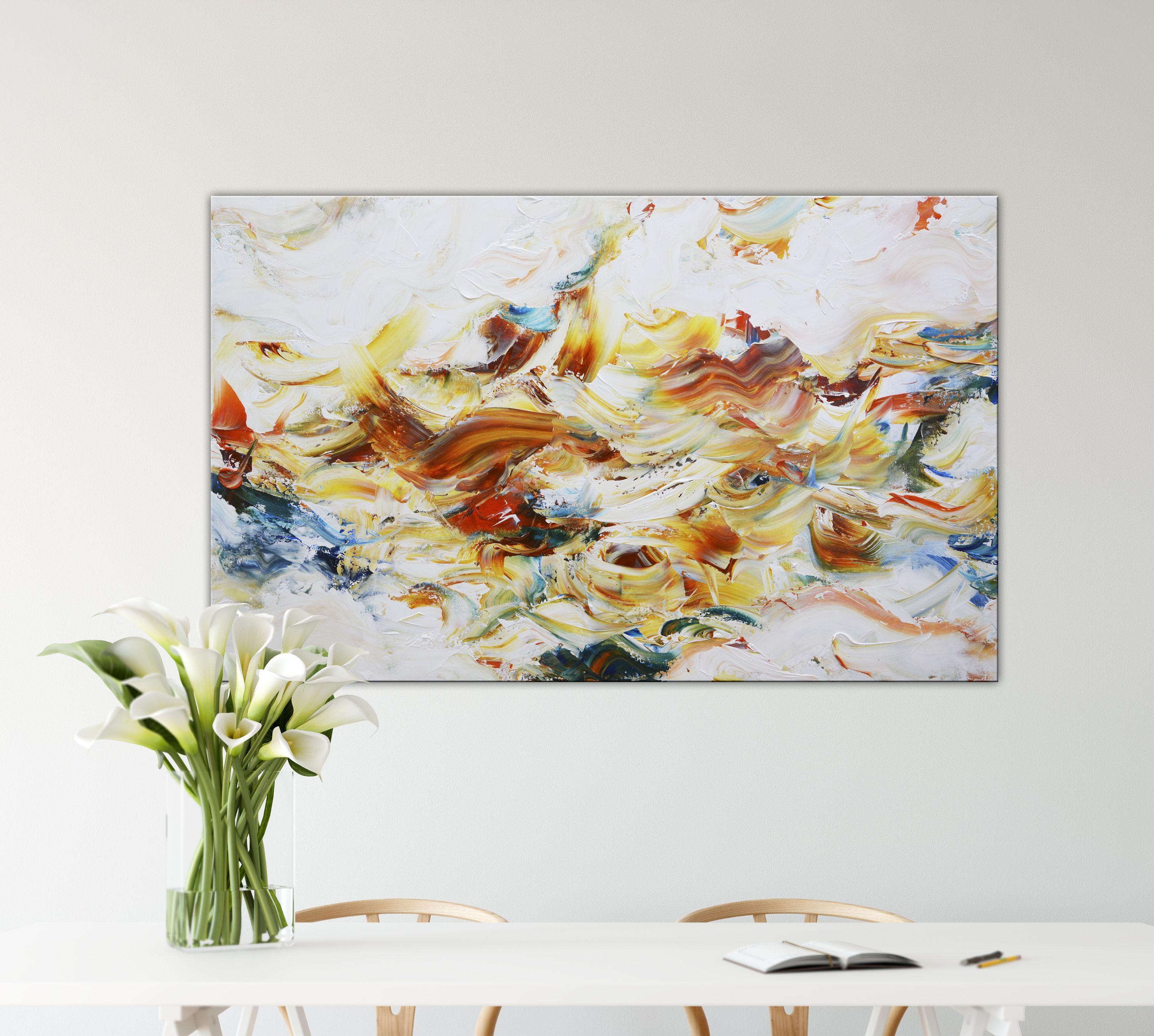 Original painting with bright vibrant colors, white abstract with orange and blue, large canvas, rainbow large abstract artwork.  It was painted with professional acrylic paint on canvas. Stretched on a wooden frame. The sides are painted, so the