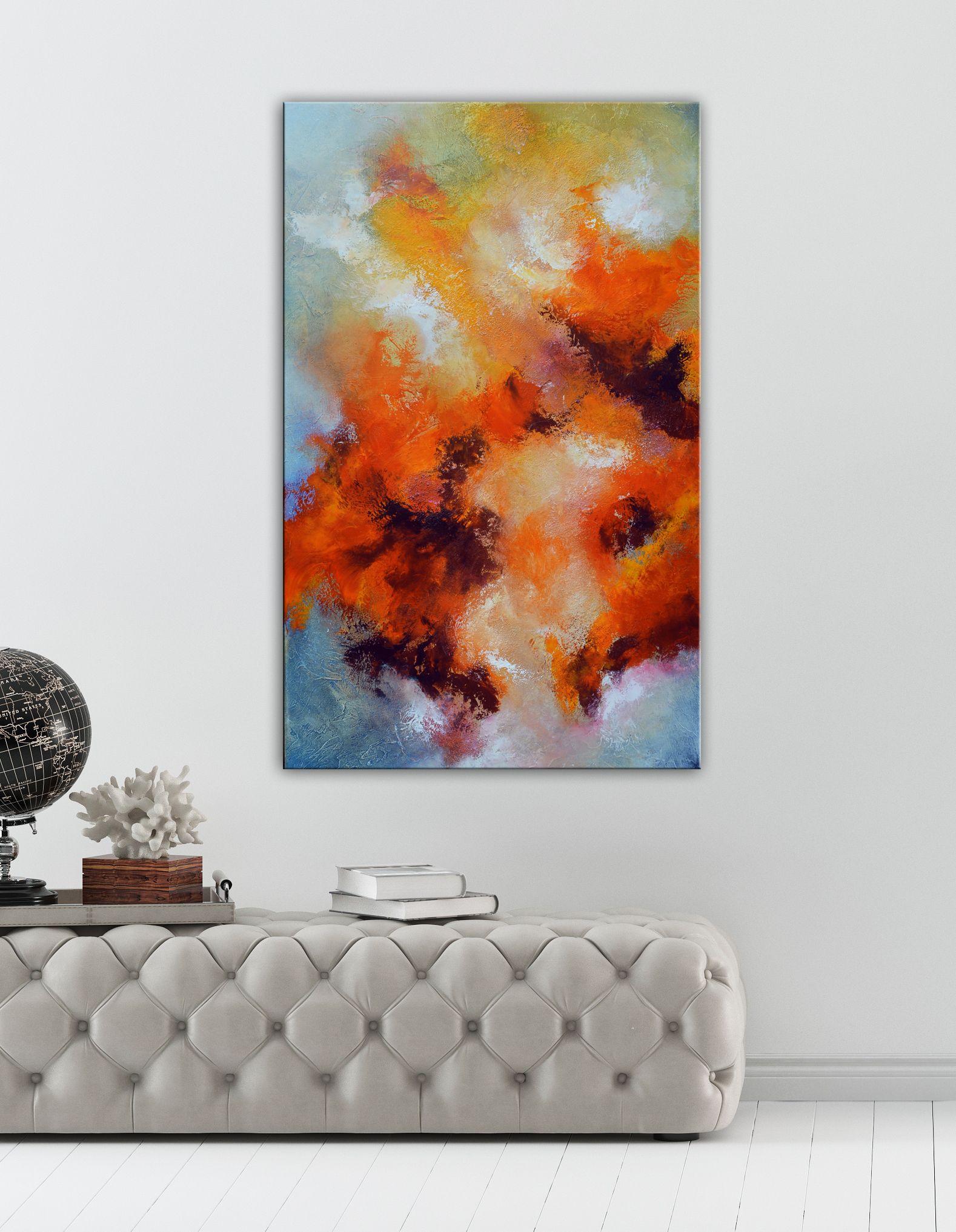 Bold beautiful colors and texture with blues, yellow, orange and red.  - Title: Autumn Poem  - Medium: Mixed media  - Support: canvas, ready to hang  - Size: 30