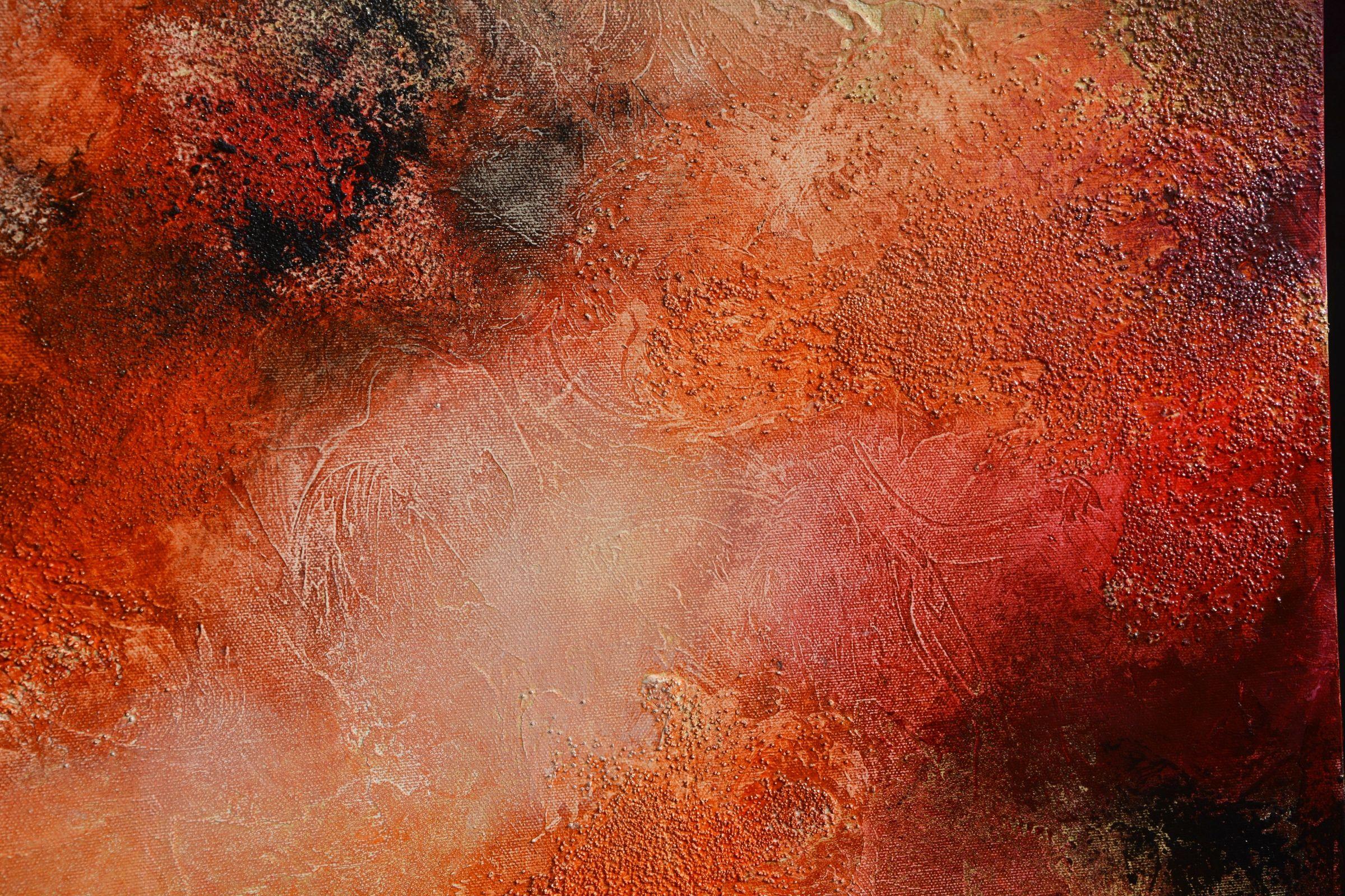 Bold beautiful colors and texture with earth tones, yellow, orange and red.  - Title: Autumn Sky  - Medium: Mixed media  - Support: canvas, ready to hang  - Size: 30