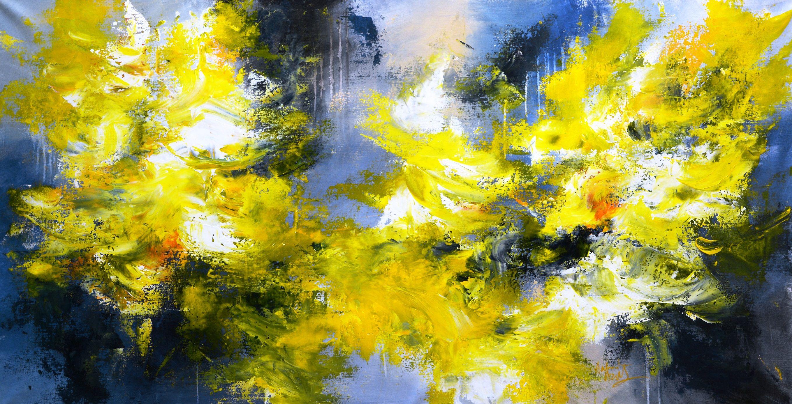 Original multicolored horizontal painting on tones of Payne's gray, Prussian blue, sap green, lime yellow, Indian yellow and a touch of orange.  This is a bold colorful abstract painting, created with energetic brushstrokes and vibrant color for a