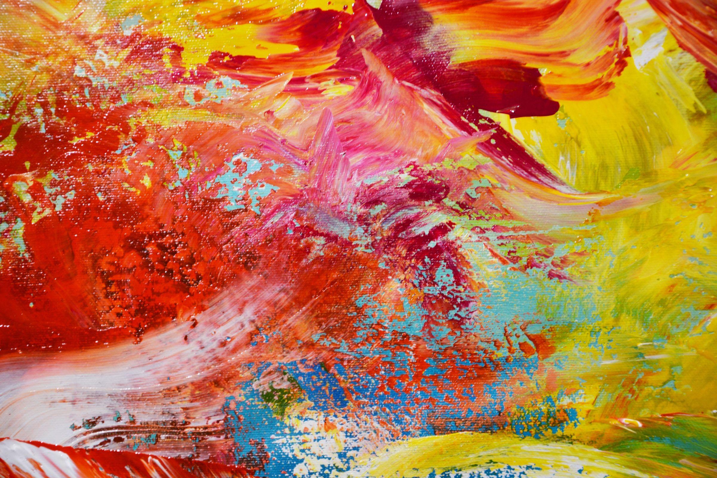 Pintura horizontal multicolor original en tonos rosa, azul, verde, rojo, naranja y amarillo.  Se trata de una pintura abstracta de colores atrevidos, creada con pinceladas enérgicas y colores vibrantes para crear un ambiente alegre. Creado con