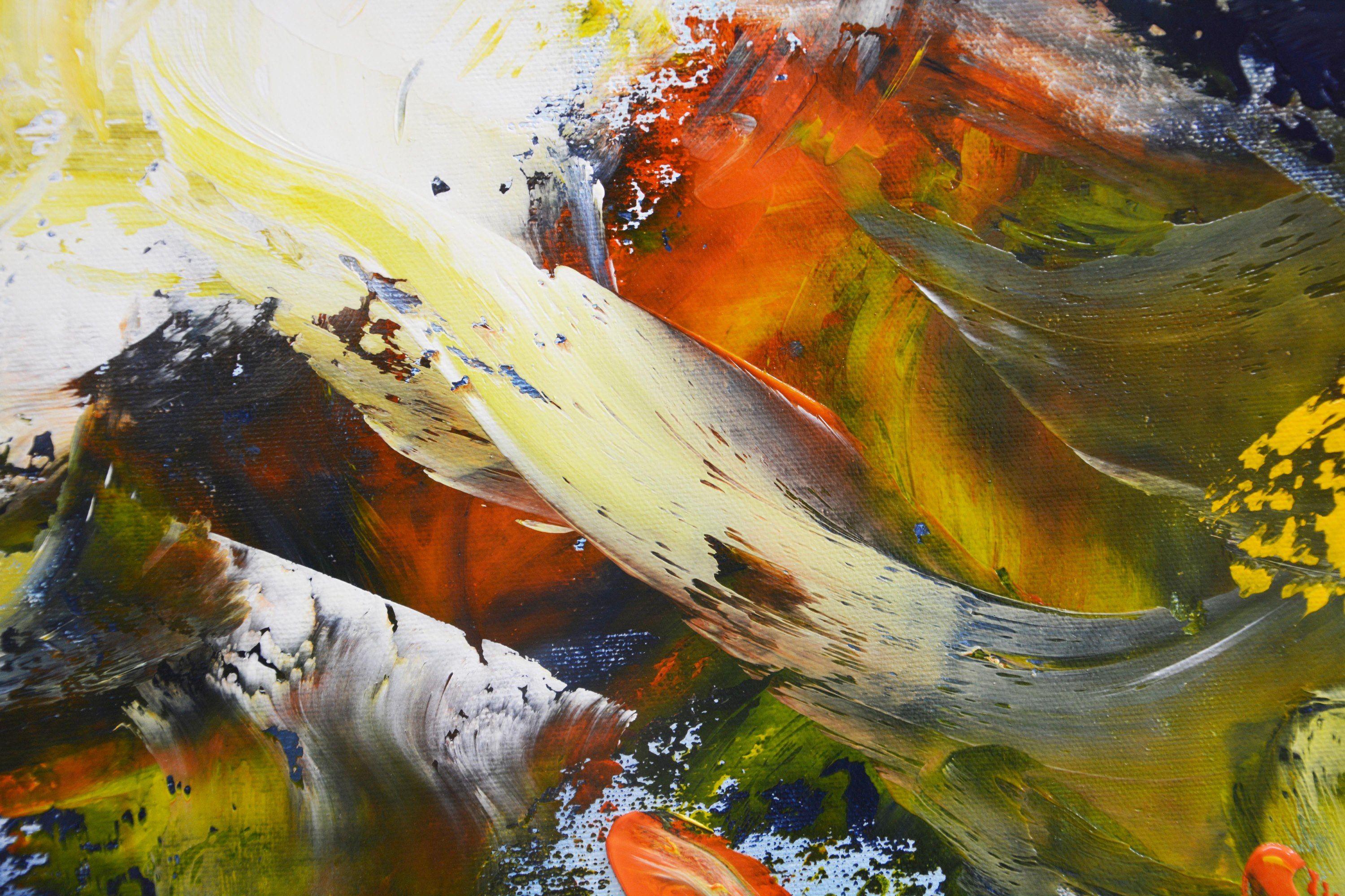 Pittura orizzontale originale multicolore sui toni del blu, del giallo, del verde e dell'arancione.  Si tratta di un quadro astratto colorato e audace, creato con pennellate energiche e colori vivaci per uno stato d'animo felice. È stato creato con