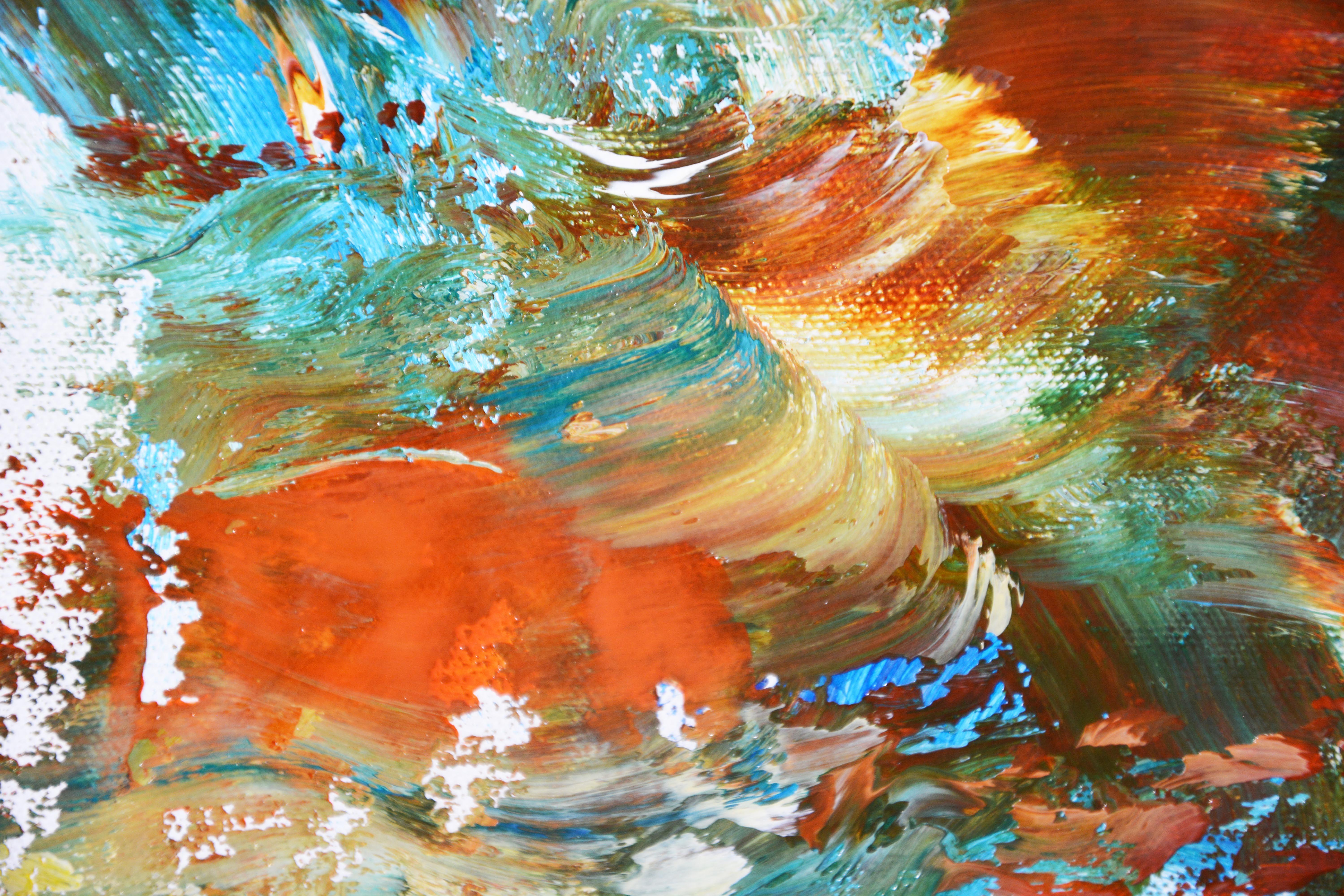 Cuadro abstracto extragrande con una explosión de colores como rojo, naranja, amarillo indio, amarillo limón, verde esmeralda, turquesa y azul sobre fondo acrílico blanco. Un paisaje abstracto-impresionista te sumergirá profundamente, mucho más allá