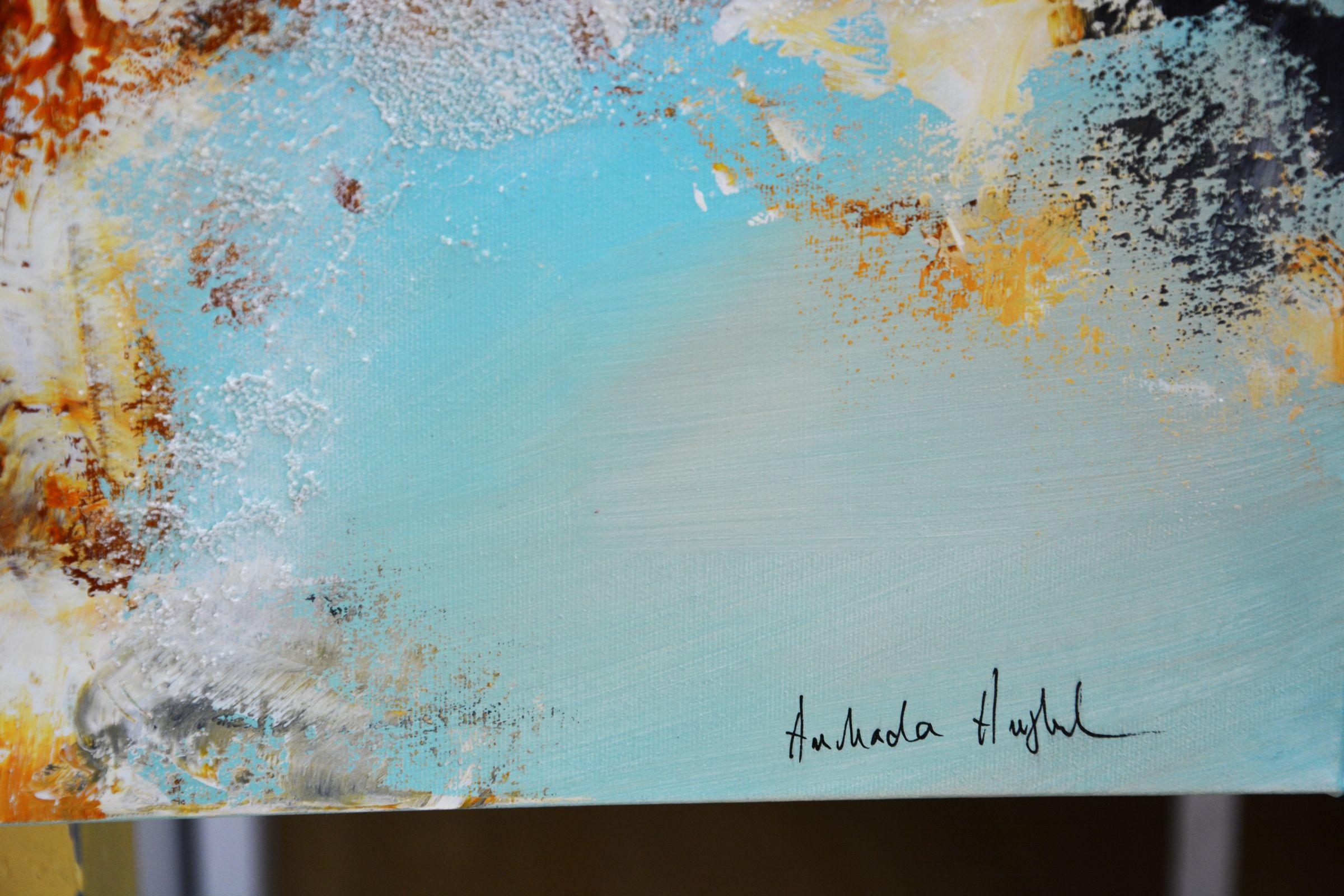 Dreaming the paradise - audacieuse peinture aqua et orange rouille, acrylique sur toile - Beige Abstract Painting par Andrada Anghel