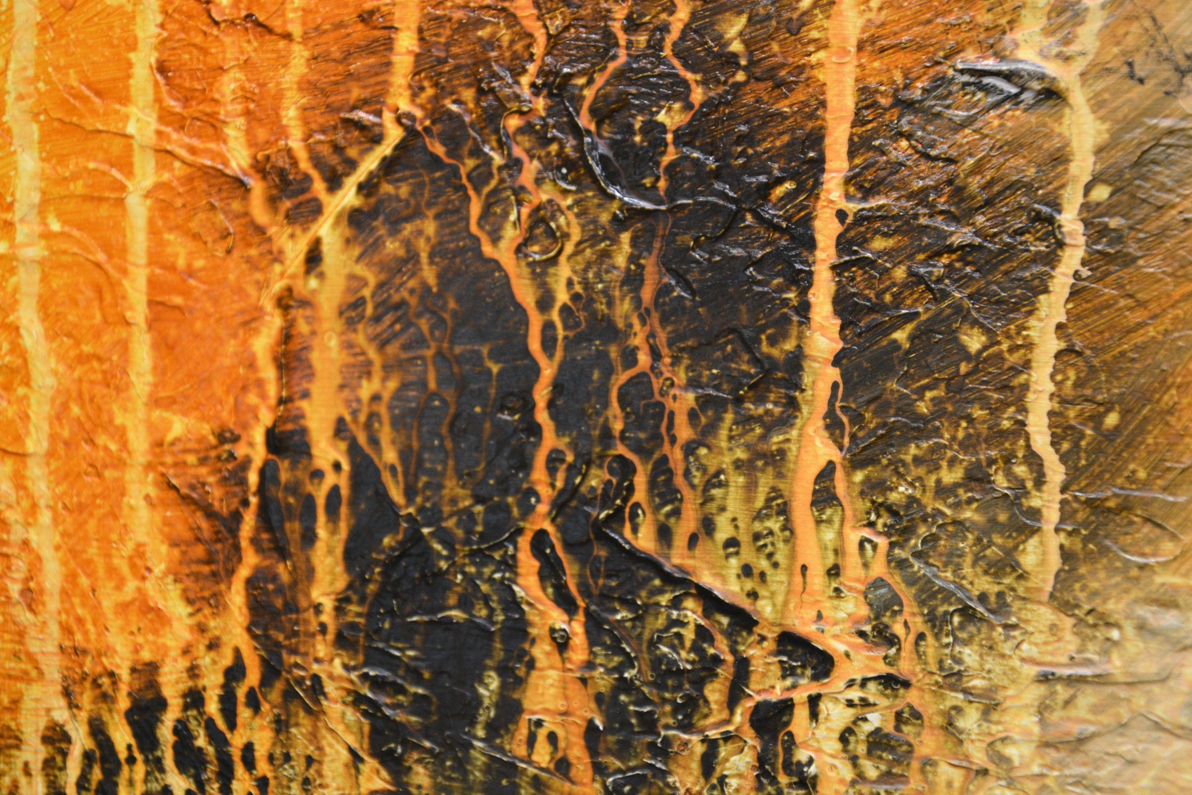 Peinture abstraite avec des couleurs vives et de riches coups de pinceau sur des tons d'orange, de blanc, de noir et de rouille.  - Titre : Exceptionnellement audacieux  - Médium : acrylique, techniques mixtes  - Support : toile tendue  - Taille :