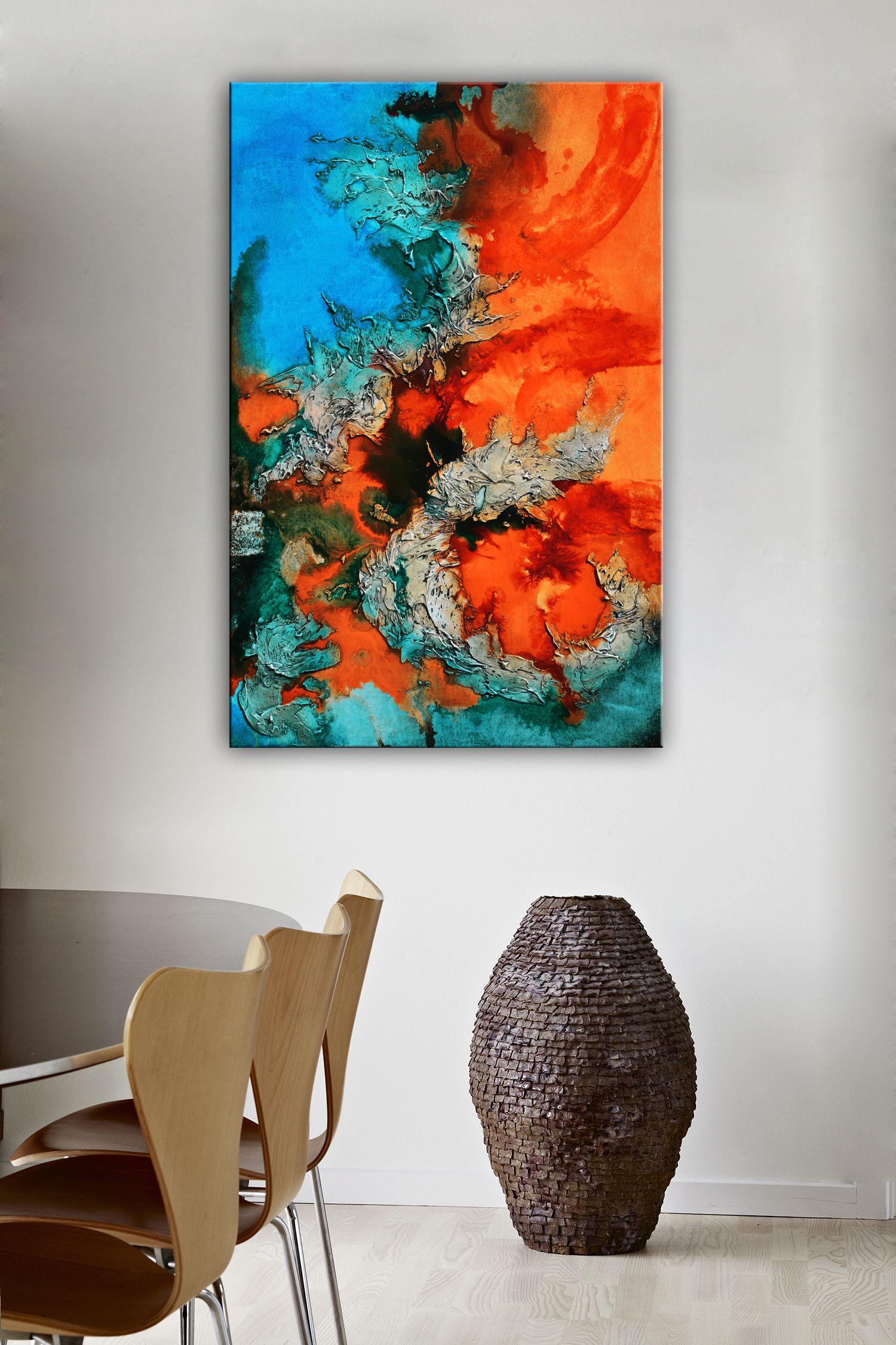 FlyOver, Pittura, Acrilico su pannello di Wood - Abstract Painting Blu di Andrada Anghel