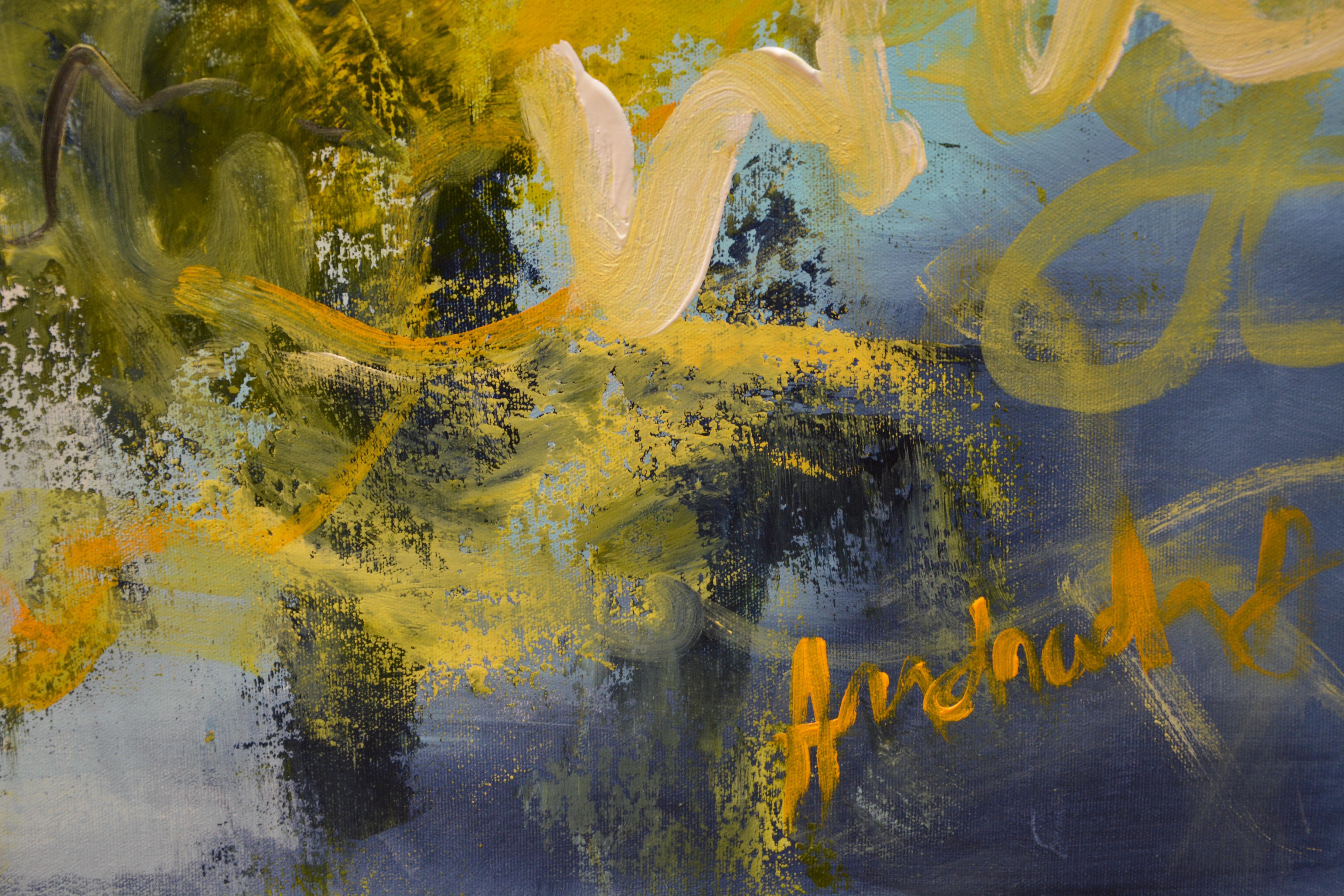 Este cuadro abstracto con azules, amarillos y blancos, me hace pensar en el reflejo del sol dorado en las olas del mar al atardecer. El fondo cubierto de hierbas marinas puede verse a través de las aguas claras y turquesas. La explosión de colores