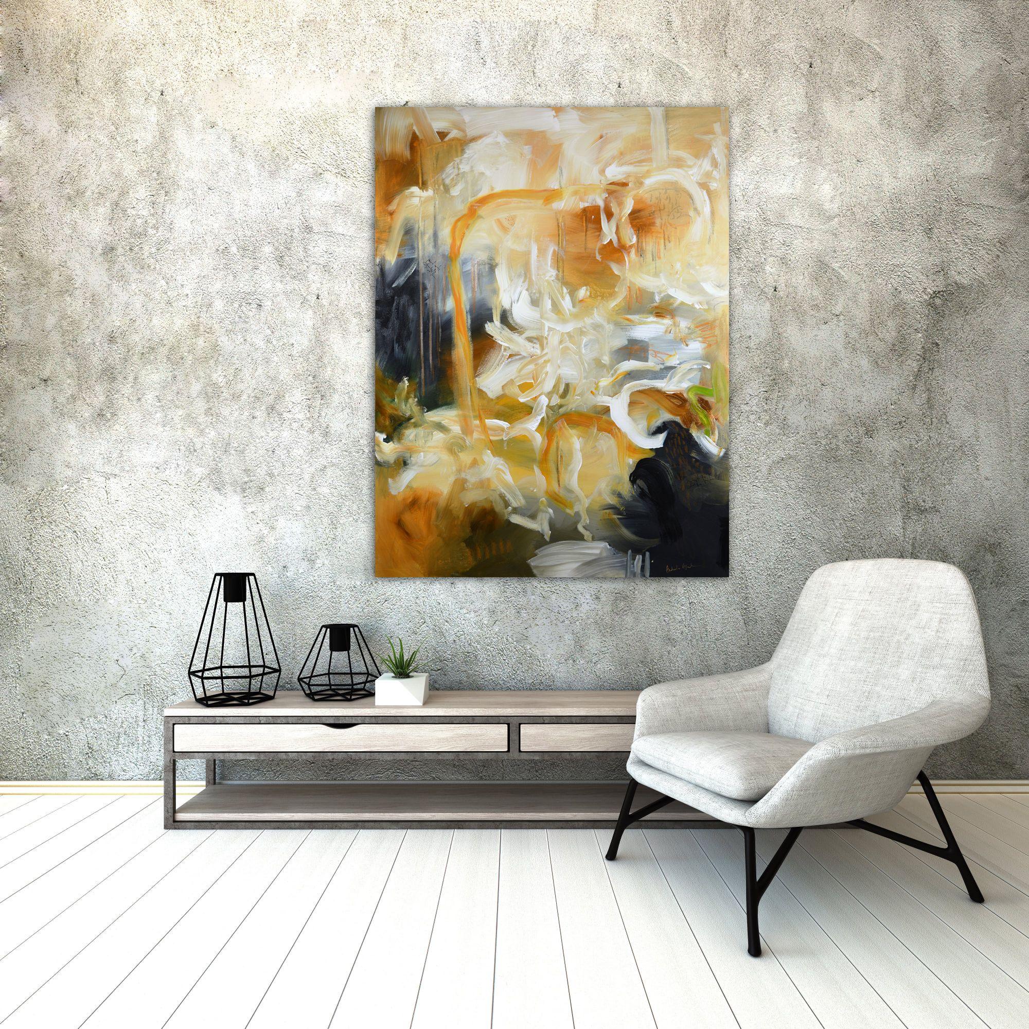 Bright abstract painting with burnt orange, black, cream and a touch of green, great conversation starter.  - Title: Green ribbon  - Medium: acrylic, mixed media  - Support: canvas  - Size: 30