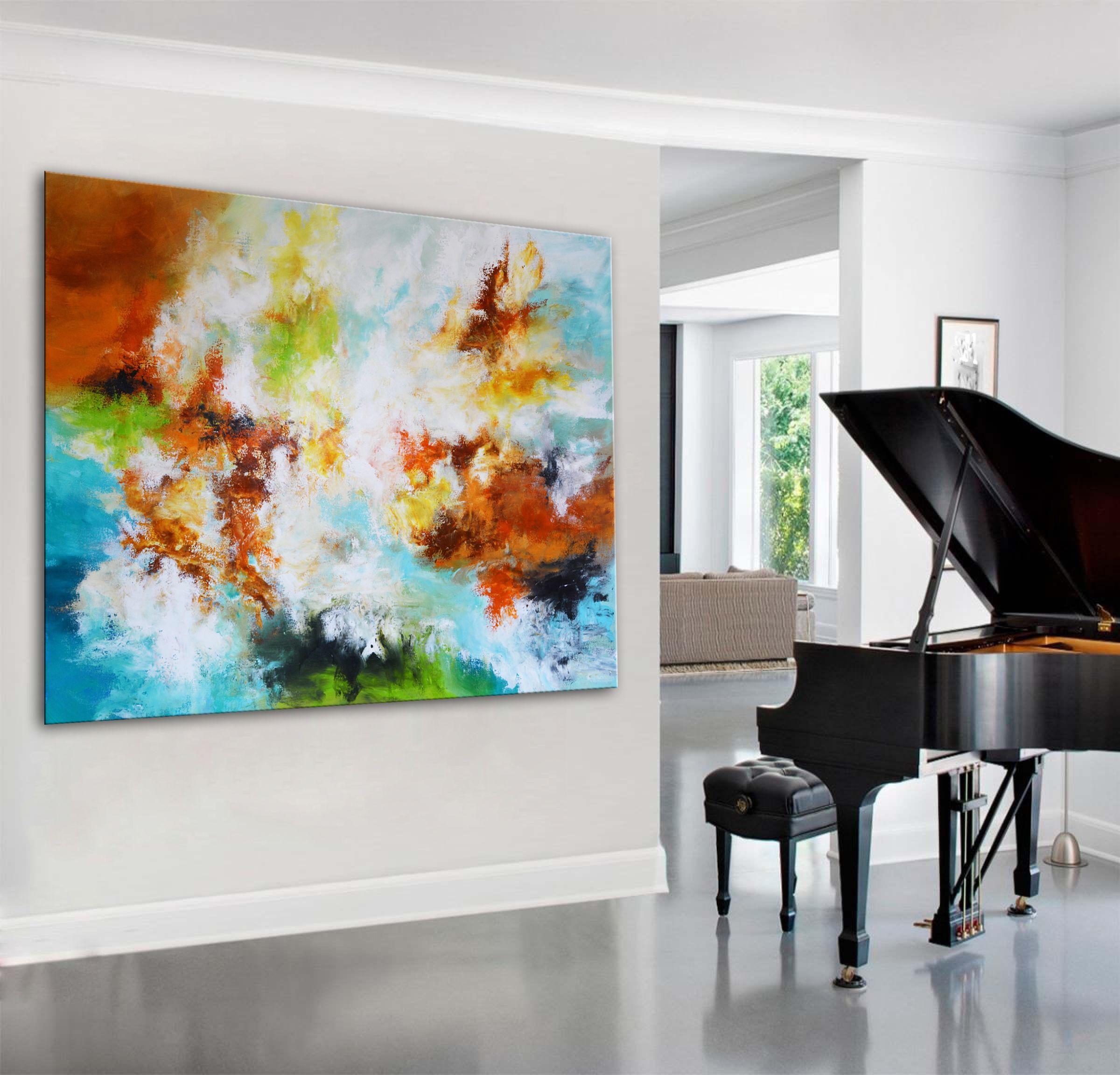 Pittura astratta con blu, bianco, giallo indiano, arancio, rosso e verde. Un'opera astratto-impressionista ma che offre un elegante senso di equilibrio strutturale e ti immerge in profondità, ben oltre gli strati di colori. Astrazione gestuale ed