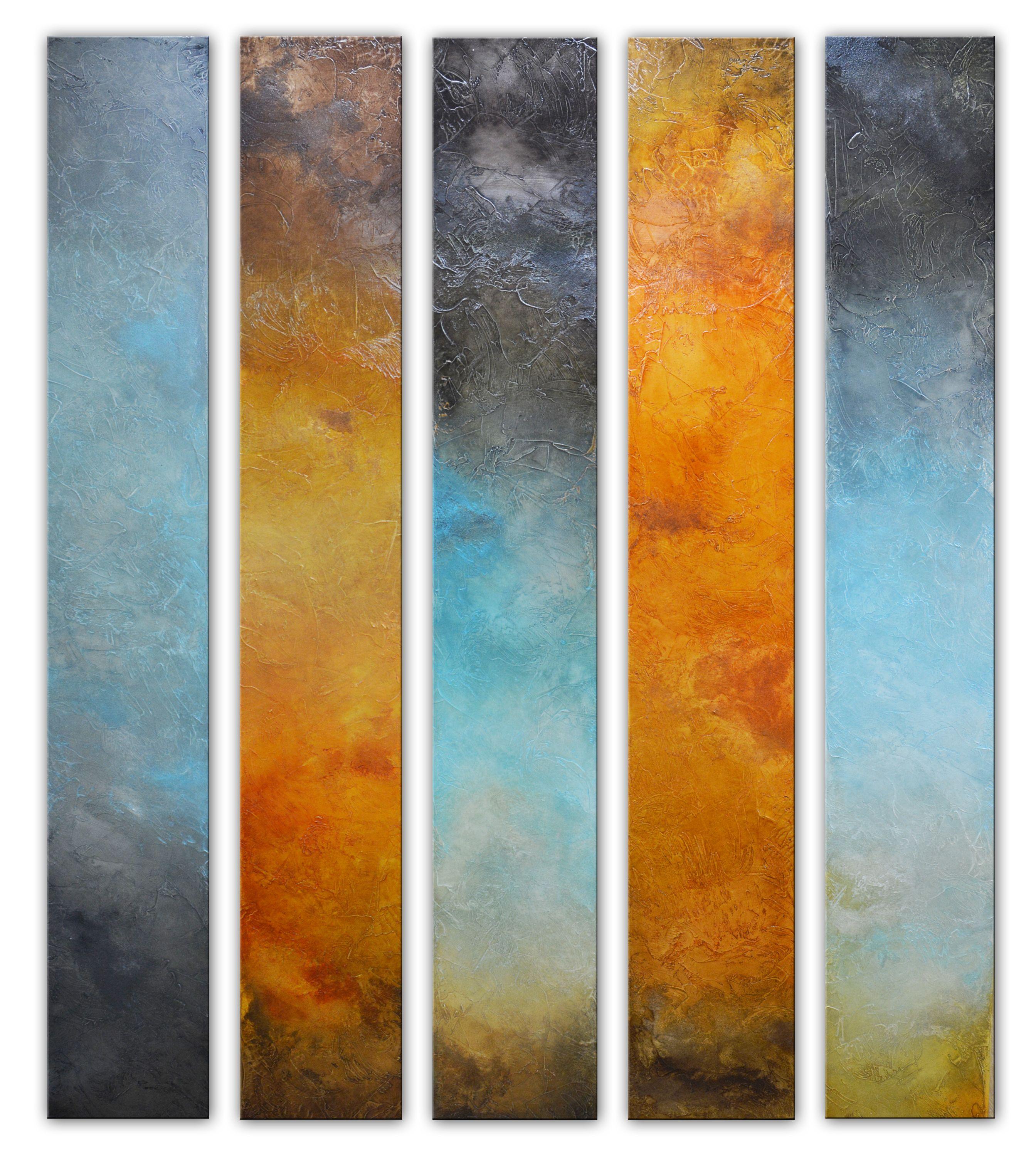   This 5 panels abstract original painting is a textural work on bold bright colors, with beautiful details and texture. Each panel has different and original knife strokes and tones. I really enjoy creating this kind of work and I love working on