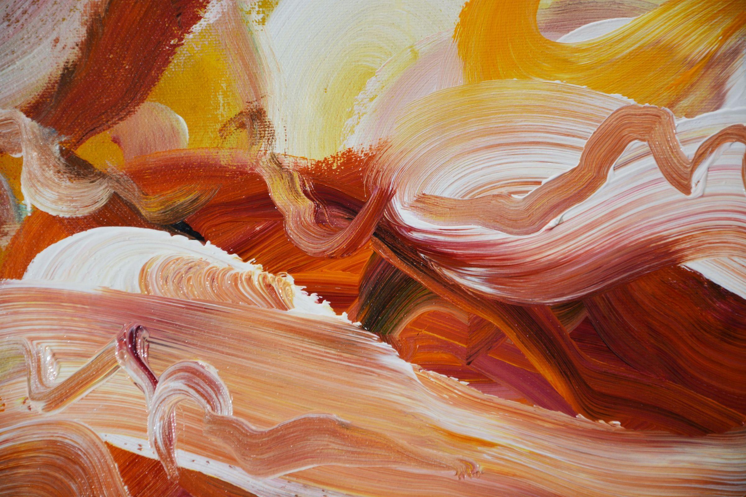 Pintura abstracta con rojo, naranja, blanco, amarillo indio y azul oscuro. Una obra abstracta-impresionista que, sin embargo, ofrece una elegante sensación de equilibrio estructural y te sumerge profundamente, mucho más allá de las capas de colores.