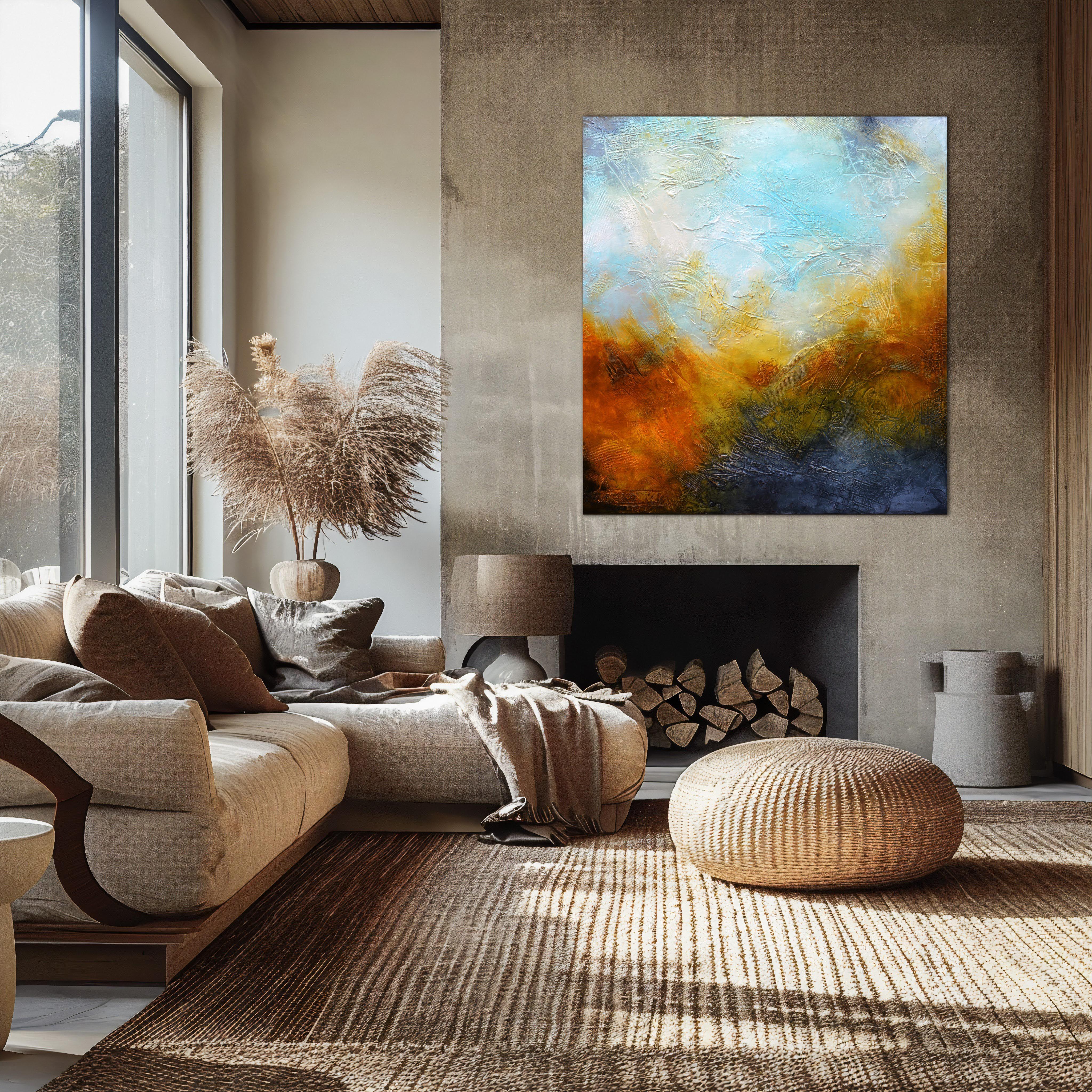 Esta pintura abstracta de textura paisajística, a través de sus intrincados detalles y su composición única, capta la esencia de un pueblo desierto engullido por una poderosa tormenta de arena, creando una sensación de misterio e intriga en la obra