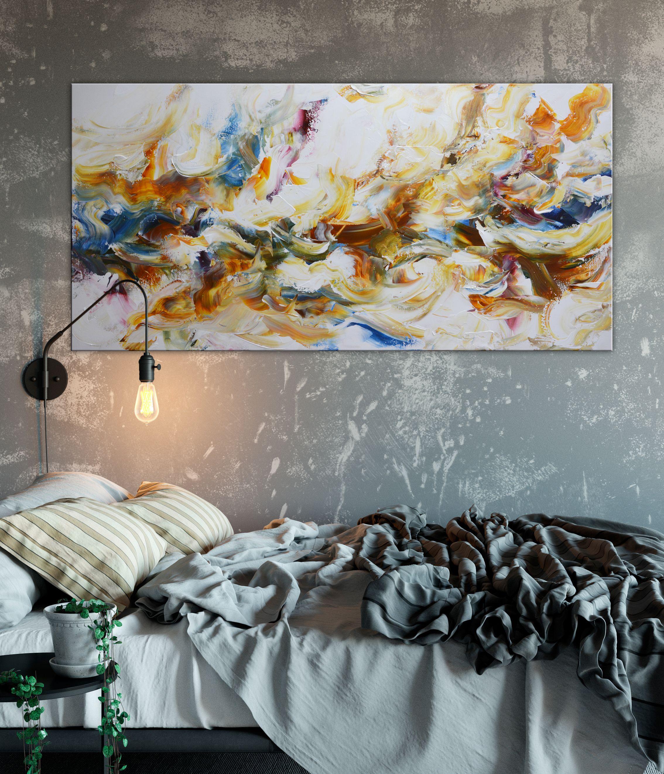 Abstract multicolored painting with orange, yellow, different tones of blues, turquoise and white. Bright colorful and bold tones create a happy and peaceful mood.  - Title: Sea lavender  - Medium: mixed media  - Support: stretched canvas, ready to